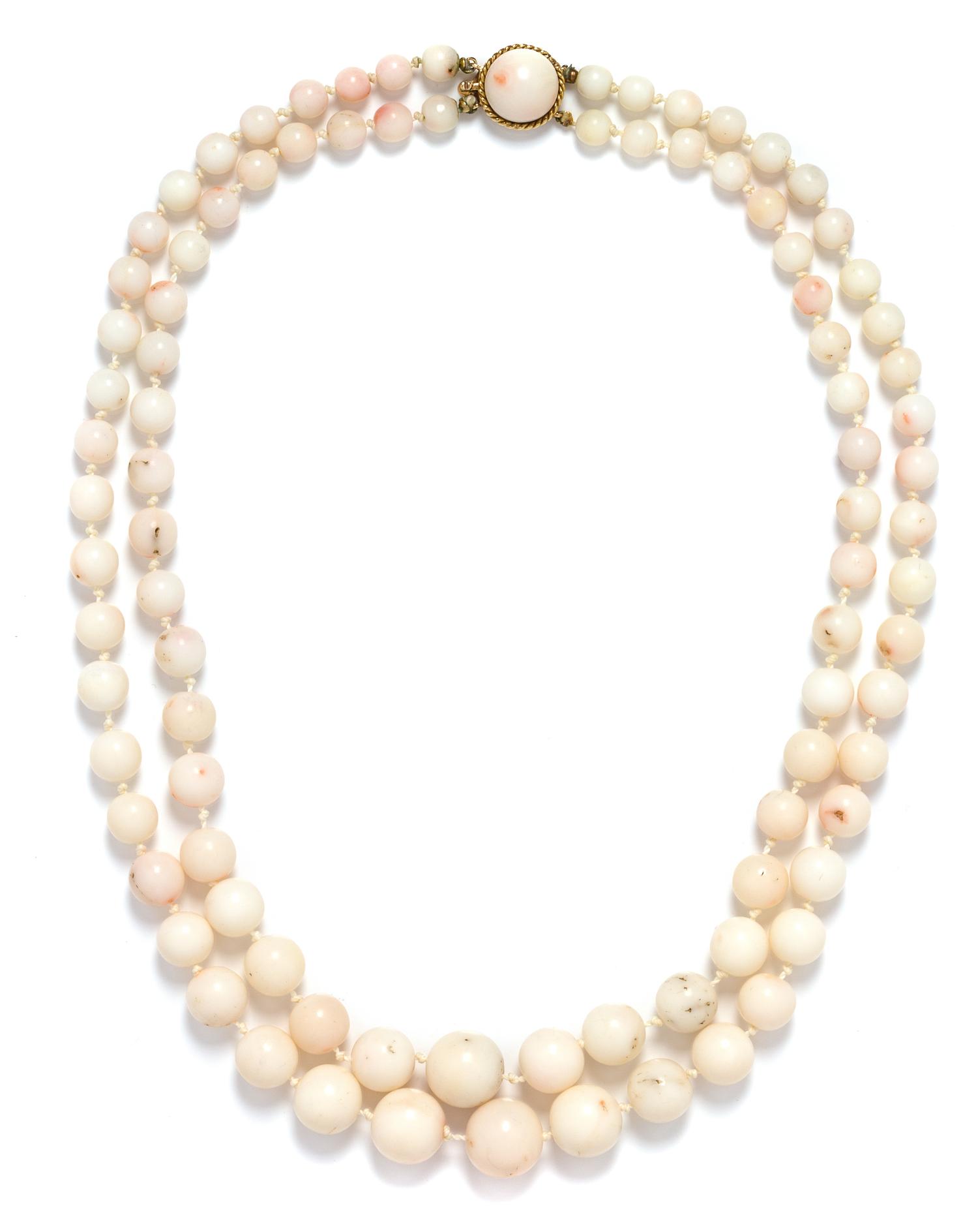 A Graduate Double Strand Angel Skin Coral Bead Necklace,