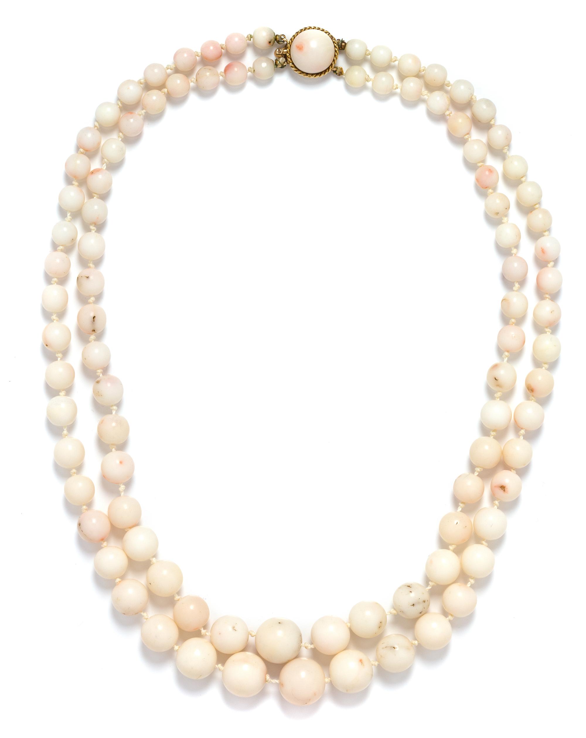 A Graduate Double Strand Angel Skin Coral Bead Necklace,