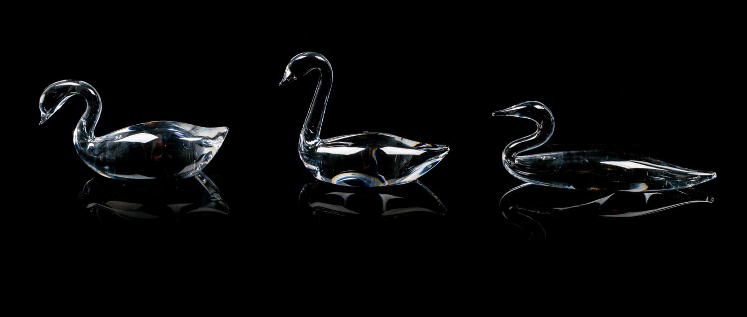 Three Steuben Swans Height of tallest 4 7/8 inches.