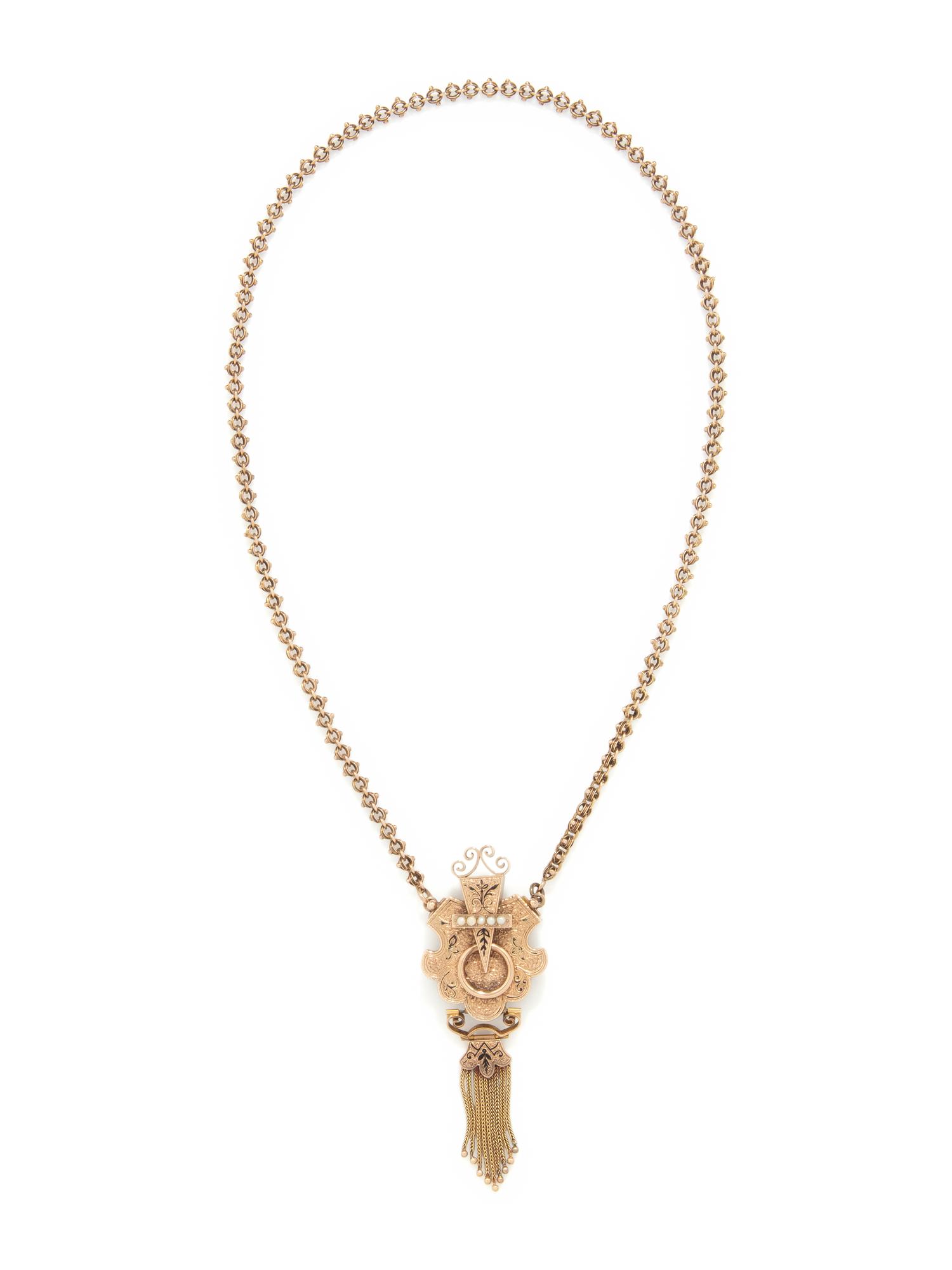 VICTORIAN, LOW KARAT GOLD, BLACK ENAMEL AND SEED PEARL PENDANT NECKLACE