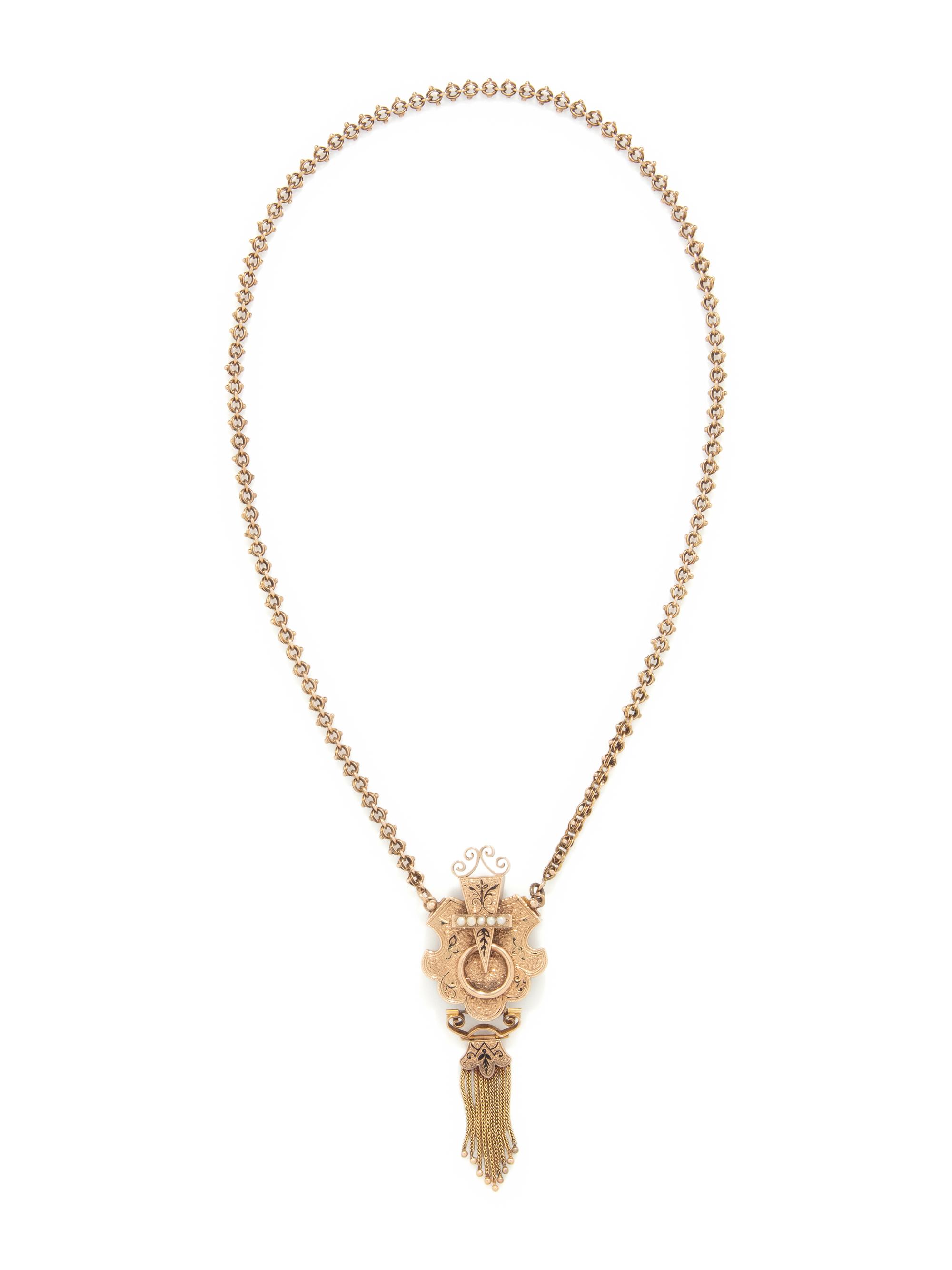 VICTORIAN, LOW KARAT GOLD, BLACK ENAMEL AND SEED PEARL PENDANT NECKLACE