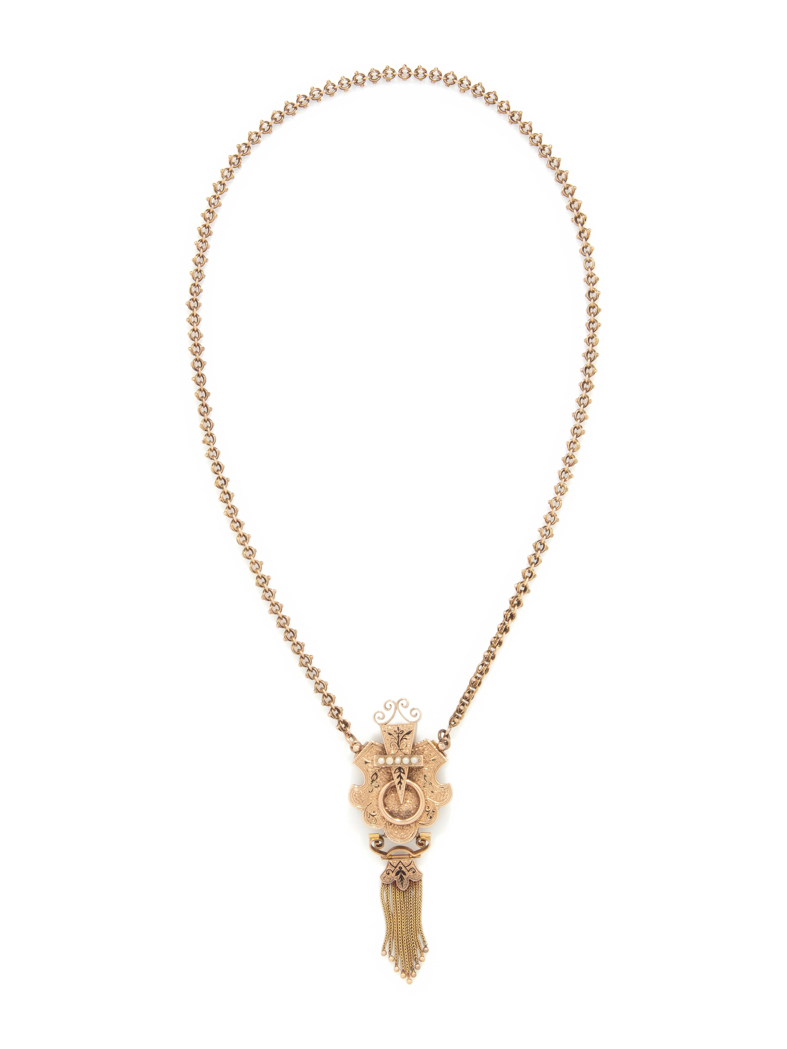 VICTORIAN, LOW KARAT GOLD, BLACK ENAMEL AND SEED PEARL PENDANT NECKLACE