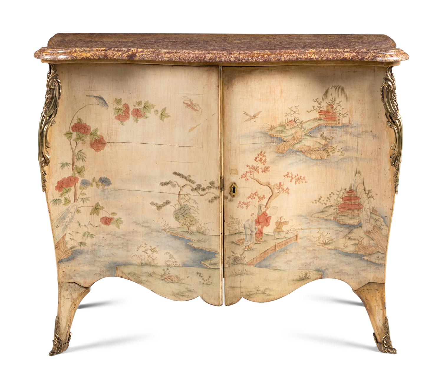 A George III Gilt Bronze Mounted Chinoiserie Painted Marble-Top Commode