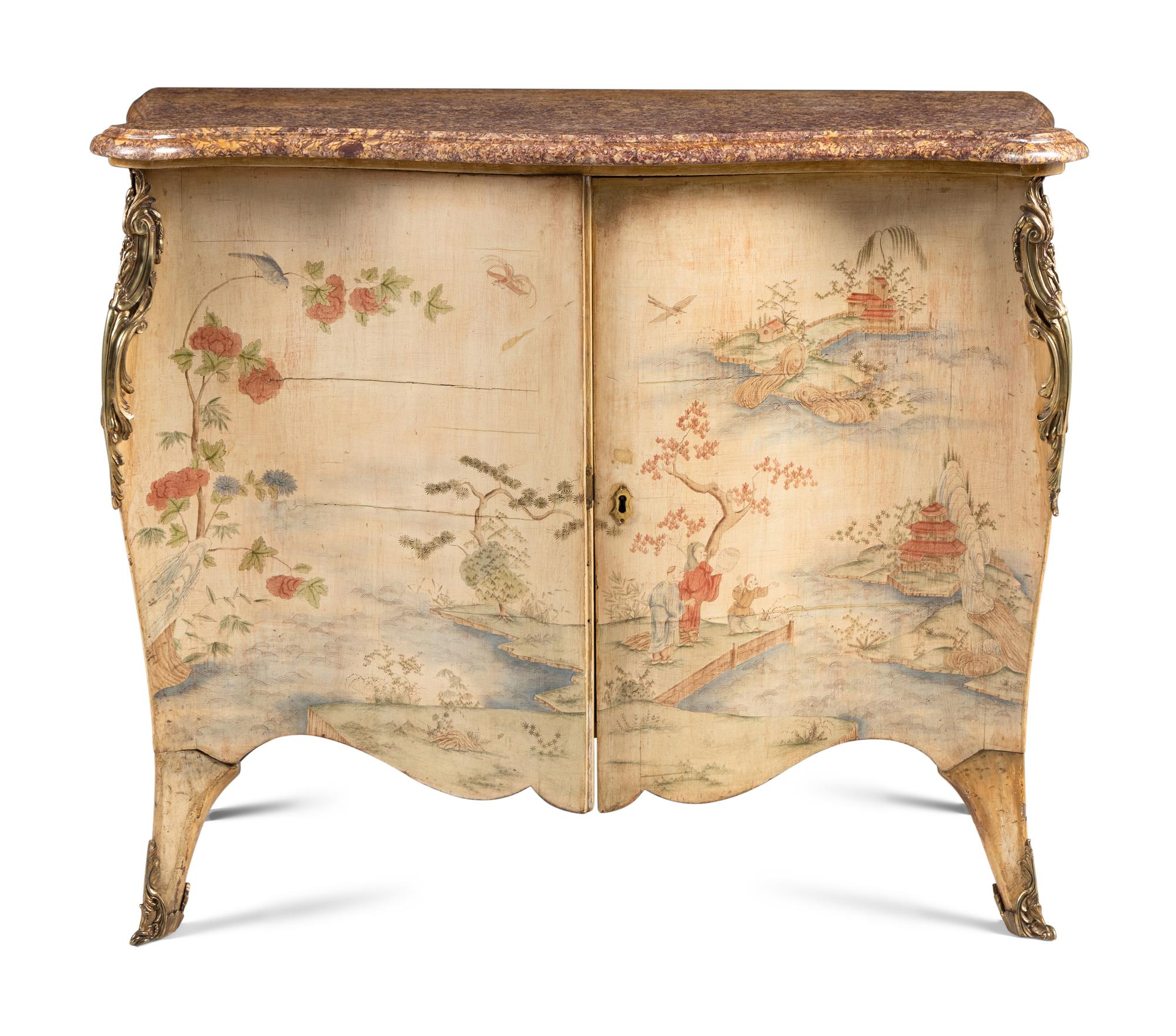 A George III Gilt Bronze Mounted Chinoiserie Painted Marble-Top Commode
