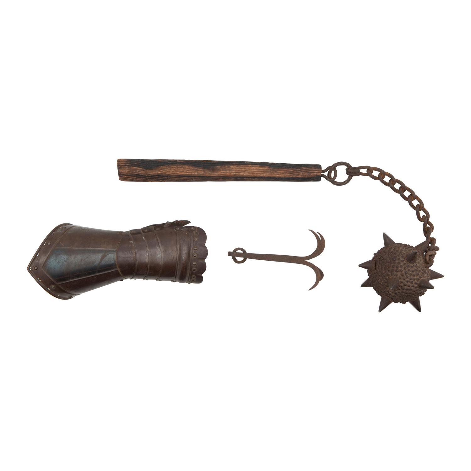 Lot of European Arms and Armor Including: Gauntlet, Grappling Hook, and Flail