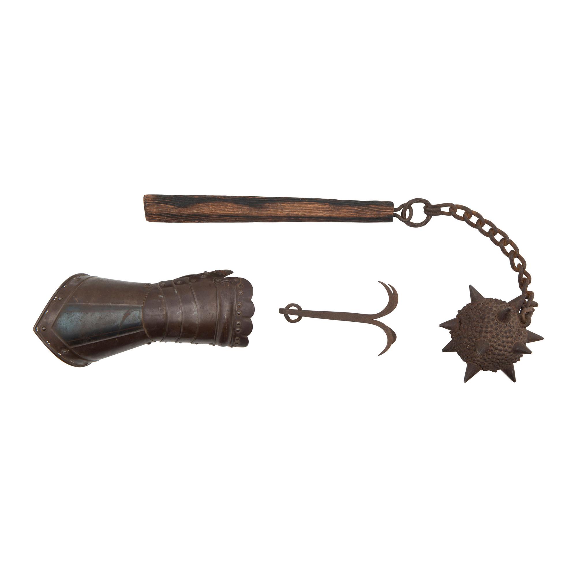 Lot of European Arms and Armor Including: Gauntlet, Grappling Hook, and Flail