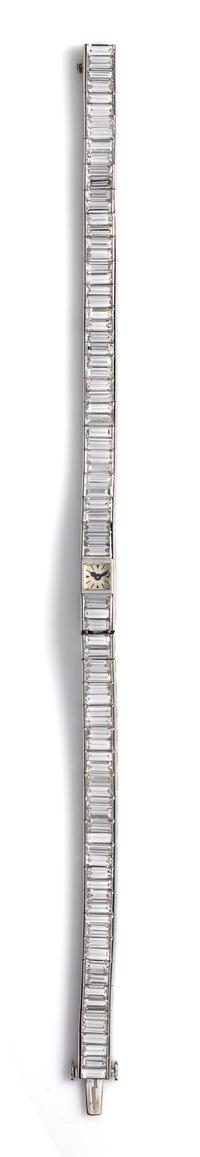 A Platinum and Diamond Wristwatch, Cartier, 18.90 dwts.