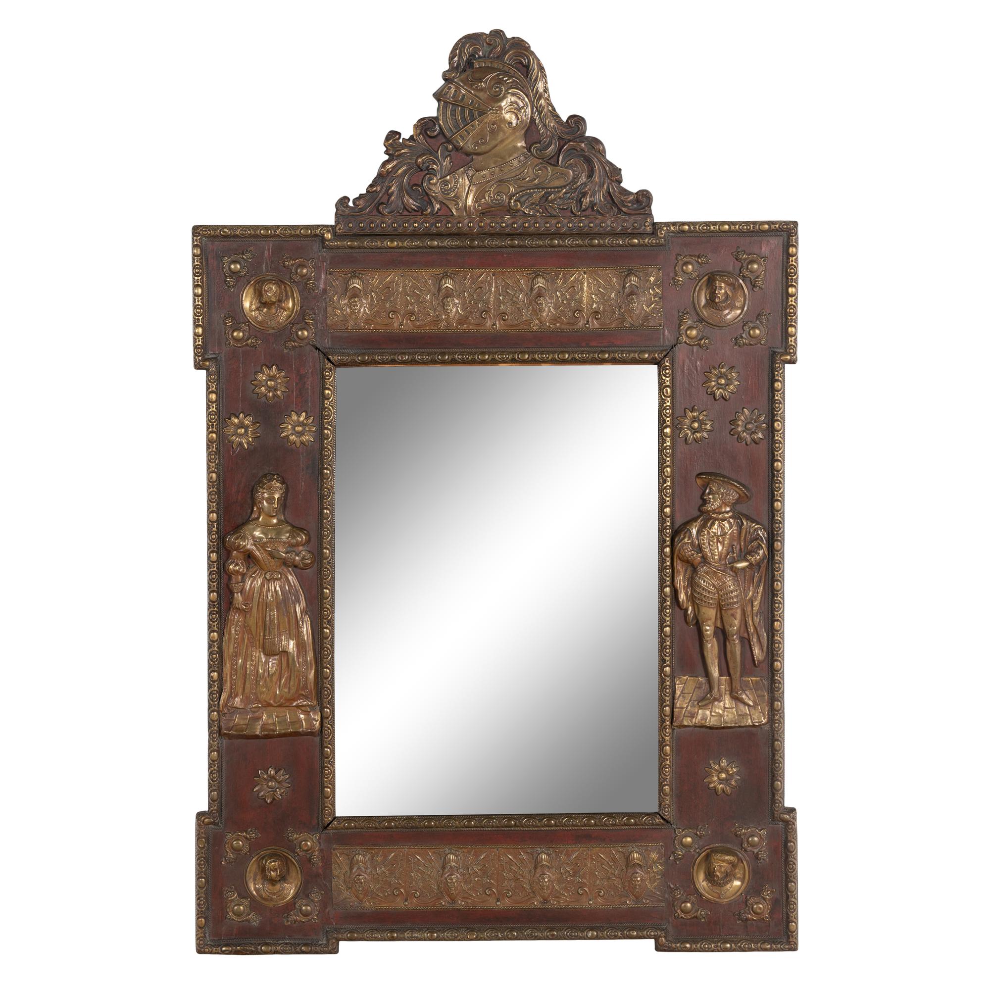 A Spanish Walnut and Brass Mounted Mirror