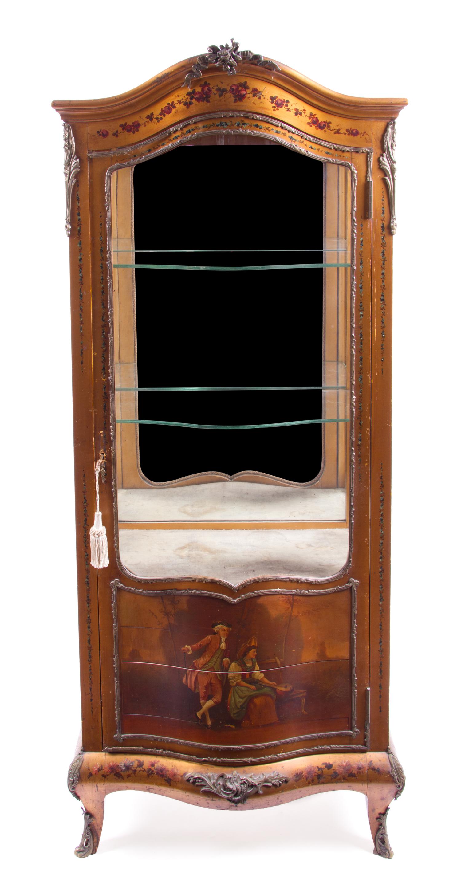 A Louis XV Style Gilt Metal Mounted Vernis Martin Vitrine Height 69 x width 28 x depth 16 1/2 inches. — 19TH/20TH CENTURY