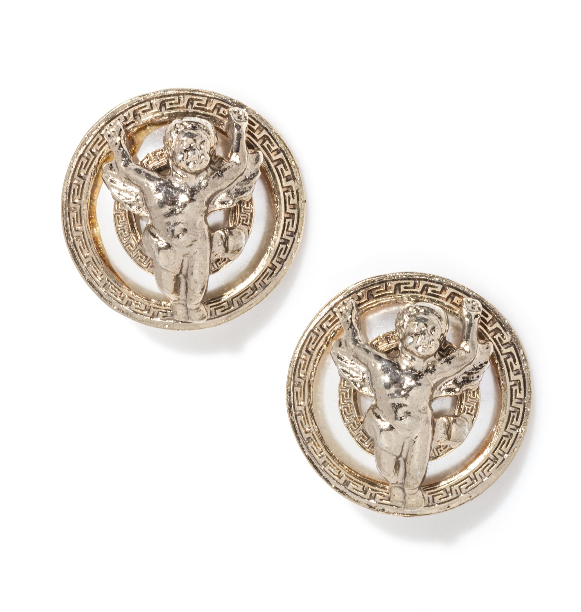 A Pair of Gianni Versace Cherub and Pearl Earclips, 1.5" x 1.5".