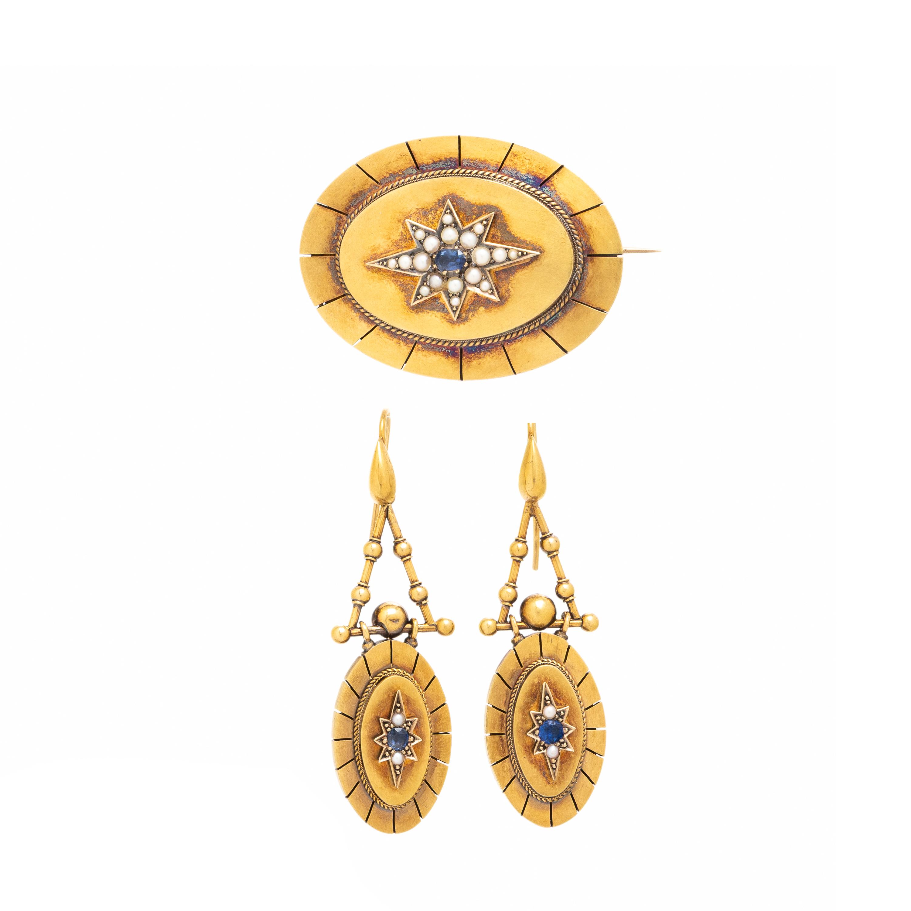 Victorian, Sapphire, Seed Pearl, and Yellow Gold Demi Parure