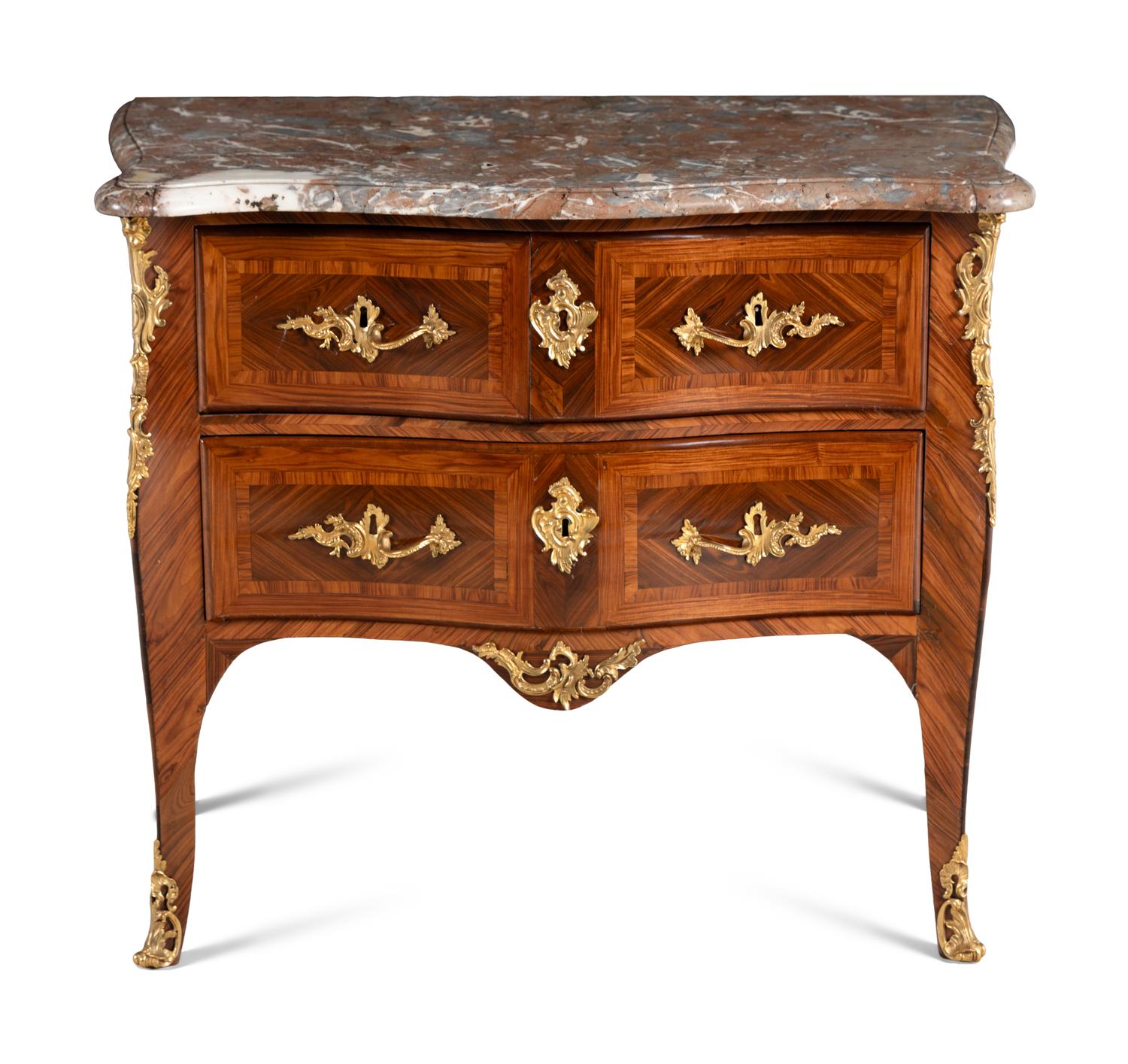 A Louis XV Gilt Bronze Mounted Kingwood and Tulipwood Marble-Top Commode