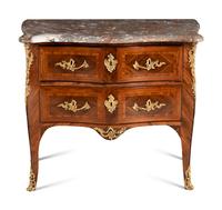 A Louis XV Gilt Bronze Mounted Kingwood and Tulipwood Marble-Top Commode