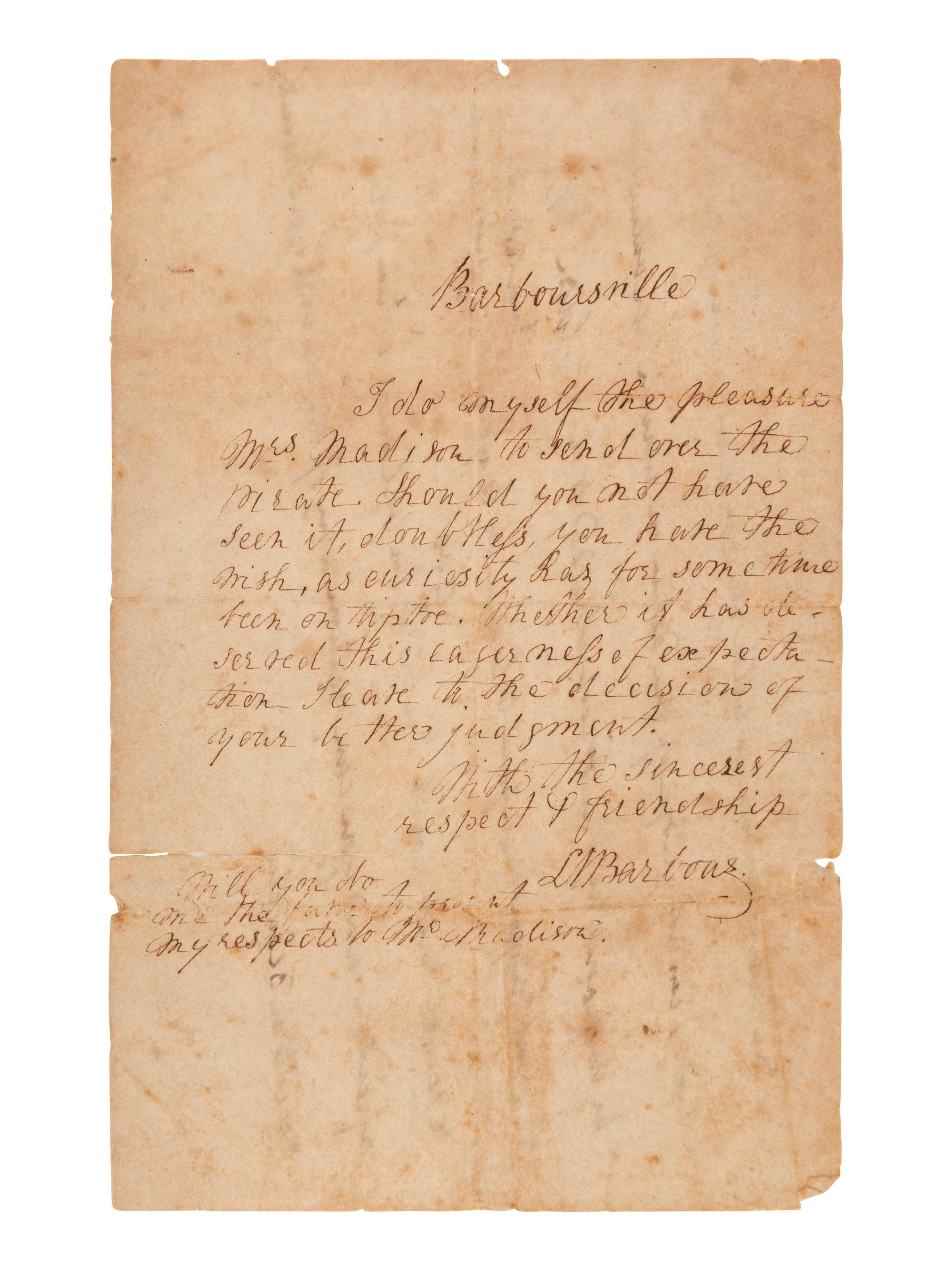 MADISON, James (1751-1836). Autograph note unsigned.