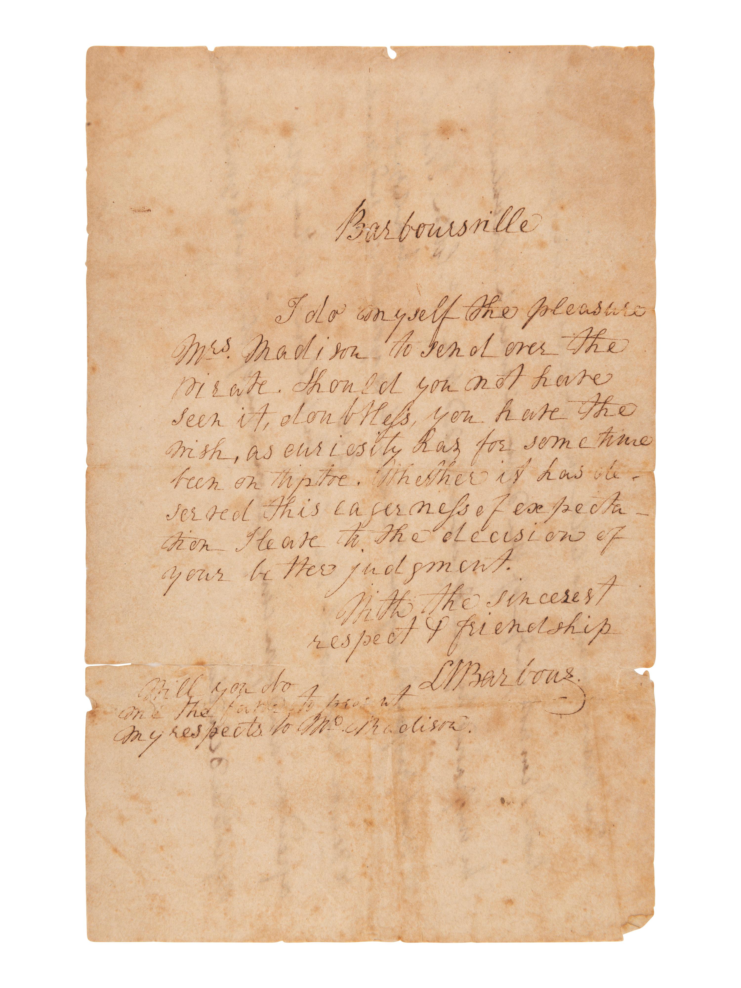 MADISON, James (1751-1836). Autograph note unsigned.