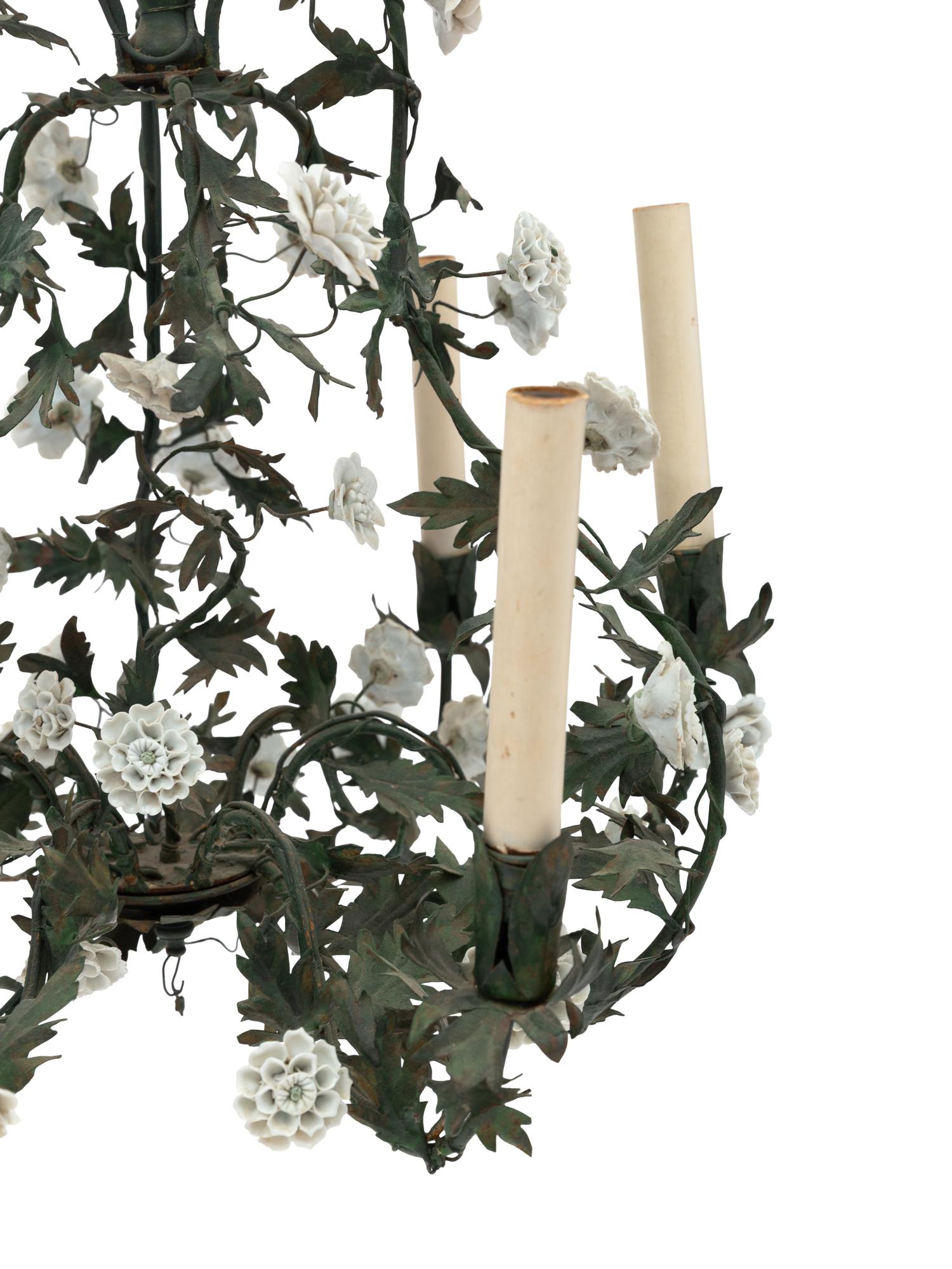 A French Tole and Porcelain Six-Light Chandelier
