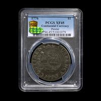 A 1776 Continental Currency Pewter ' Currency' $1 Coin [PCGS XF45; CAC Green Sticker]