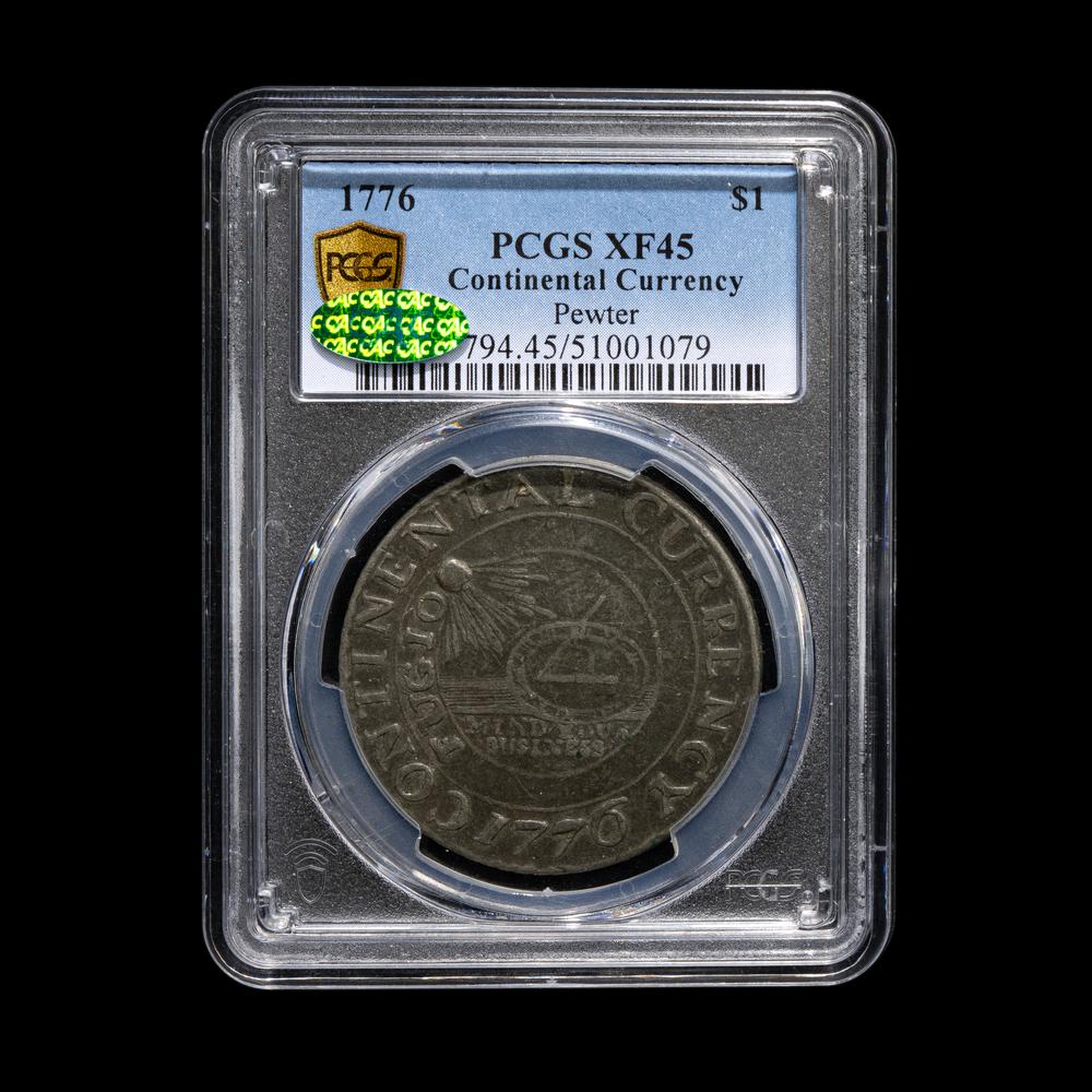 A 1776 Continental Currency Pewter ' Currency' $1 Coin [PCGS XF45; CAC Green Sticker]