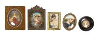 A Collection of Five Portrait Miniatures on Ivory and Other Materials, Height of largest overall 5 5/8 x width 4 3/4 inches.
