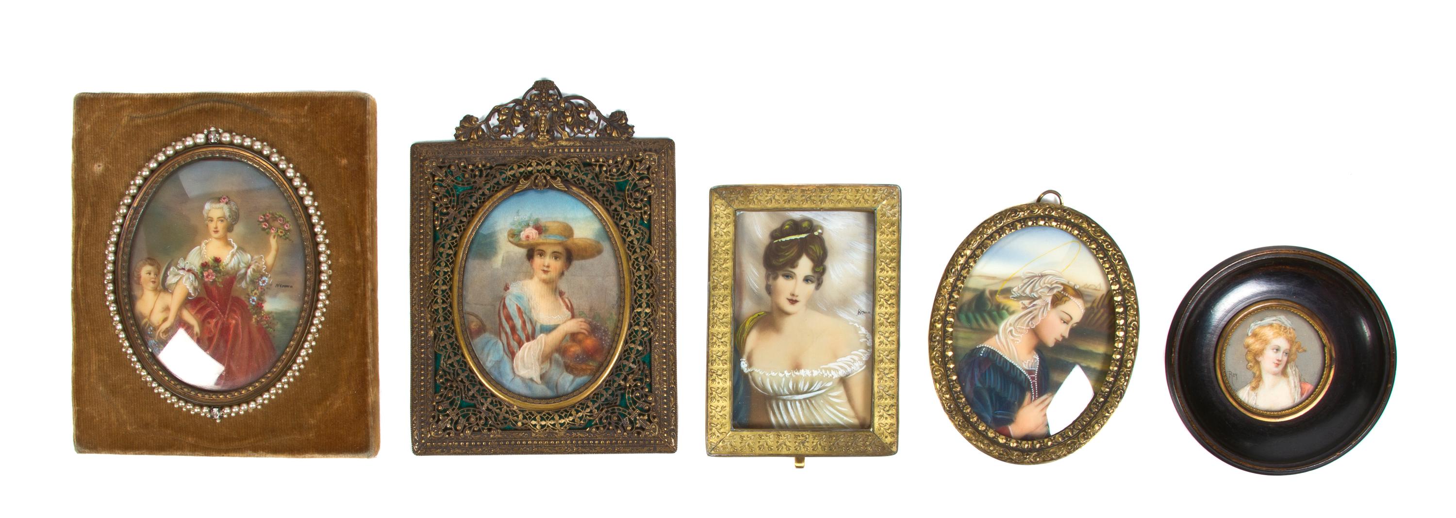 A Collection of Five Portrait Miniatures on Ivory and Other Materials, Height of largest overall 5 5/8 x width 4 3/4 inches.