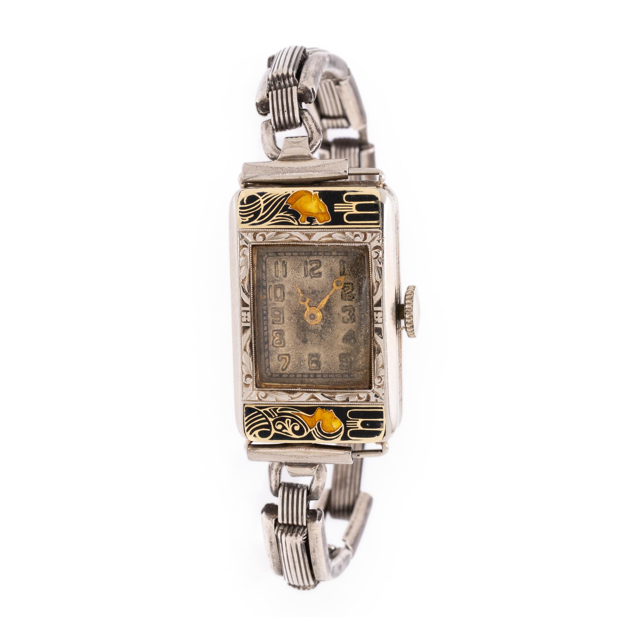 Art Deco, Elgin, White Gold, Sterling Silver, and Enamel Watch