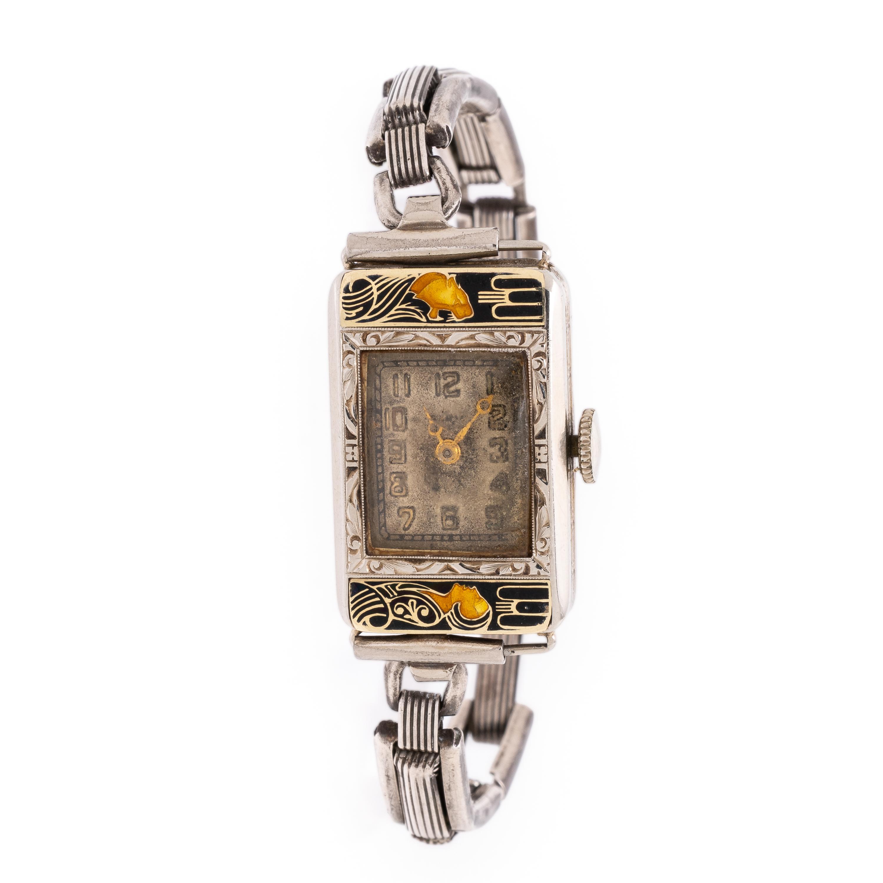 Art Deco, Elgin, White Gold, Sterling Silver, and Enamel Watch