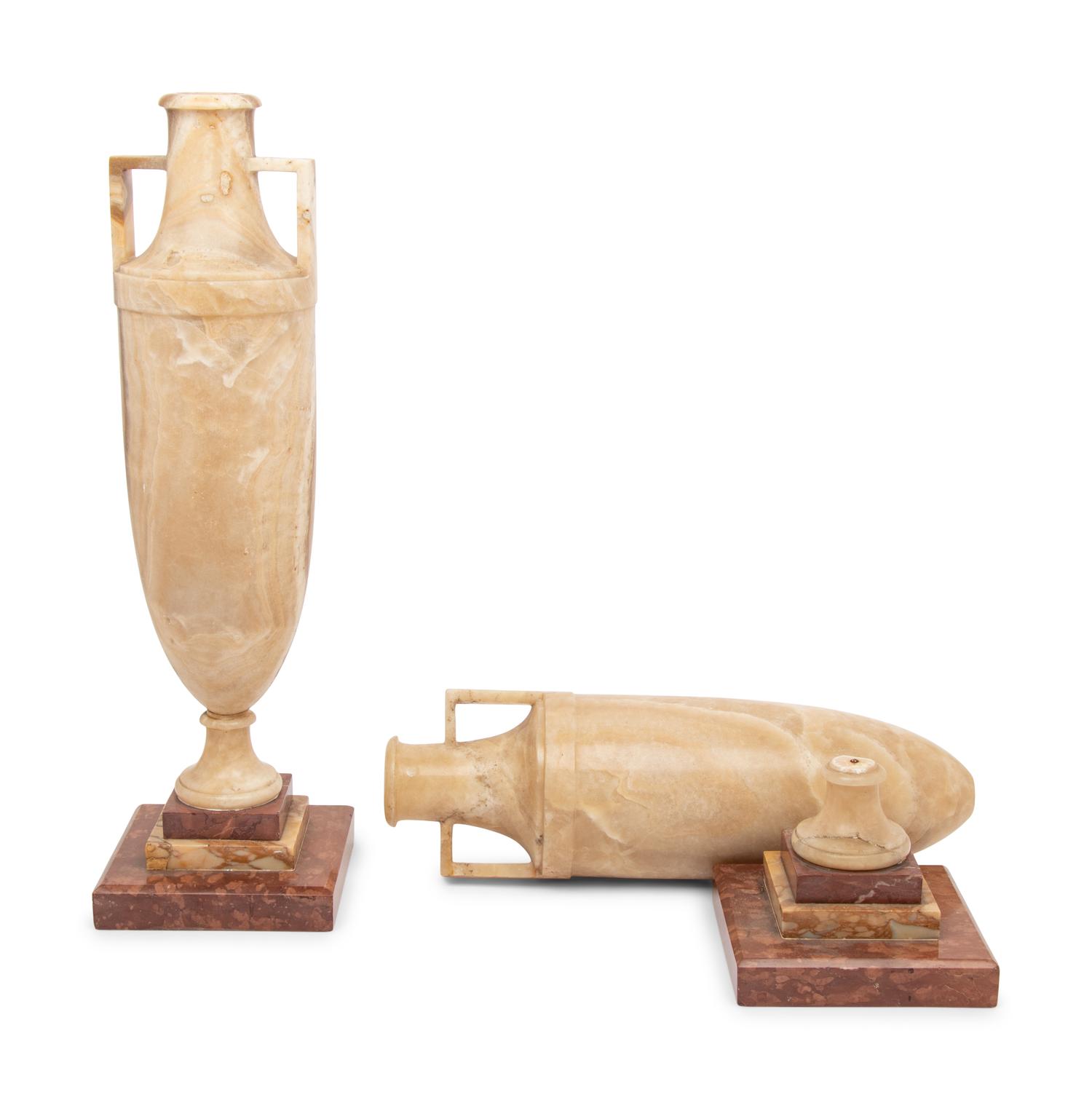 A Pair of Italian Alabaster and Rouge Griotte Marble Urns