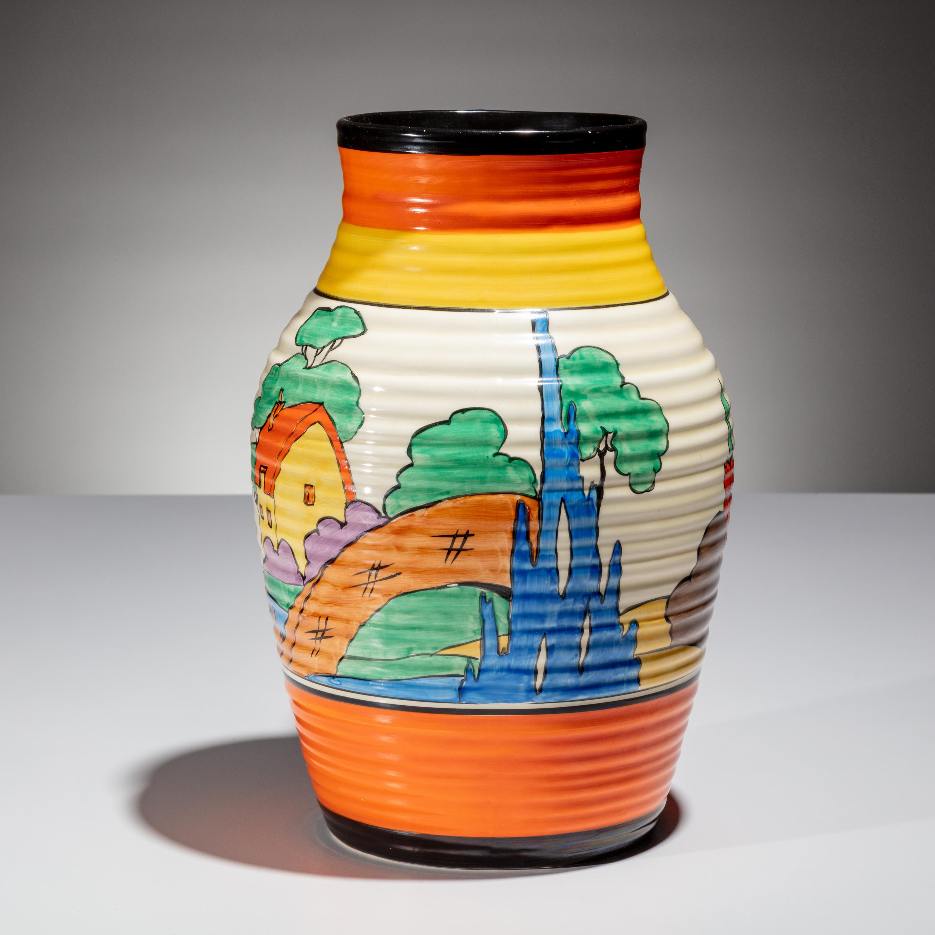 Clarice Cliff (English, 1899–1972) — Orange Roof Cottage pattern Lotus Jug