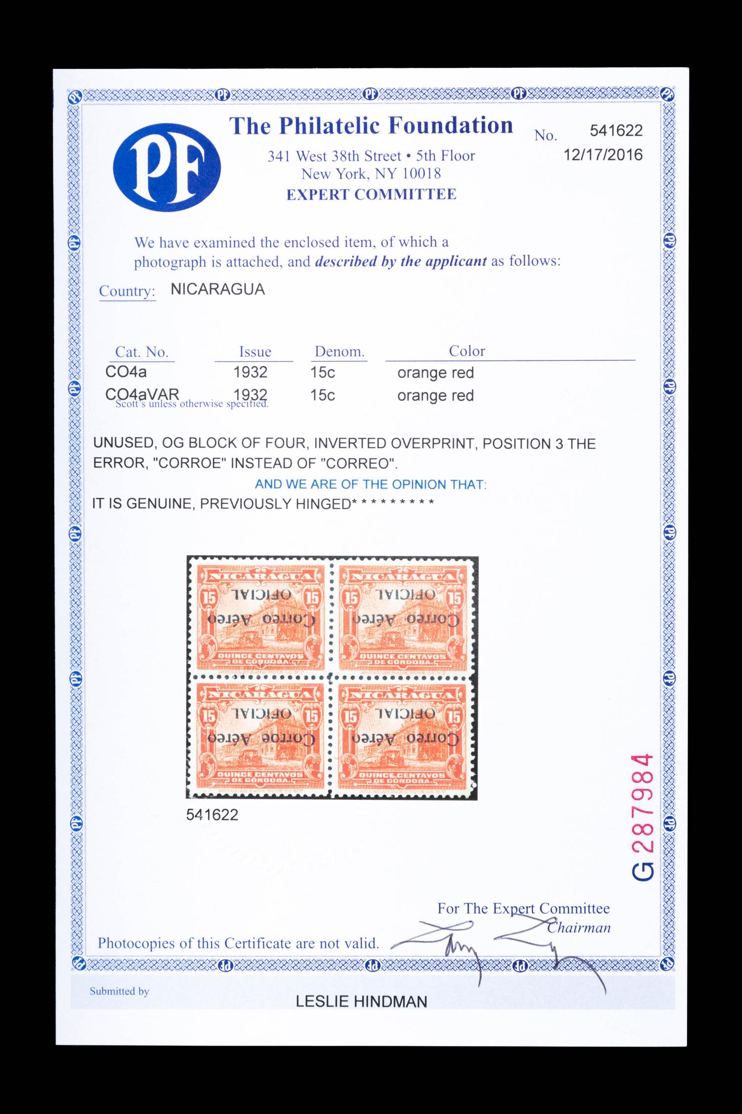 {PHILATELY} [SURCHARGE ERROR] NICARAGUA. Airmail. 1932. 15c. Orange Red (#CO4a & CO4aVAR), Inverted Surcharge, Position 3 Error "Corroe" Printed Instead of "Correo"