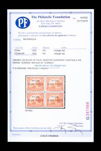 {PHILATELY} [SURCHARGE ERROR] NICARAGUA. Airmail. 1932. 15c. Orange Red (#CO4a & CO4aVAR), Inverted Surcharge, Position 3 Error "Corroe" Printed Instead of "Correo"