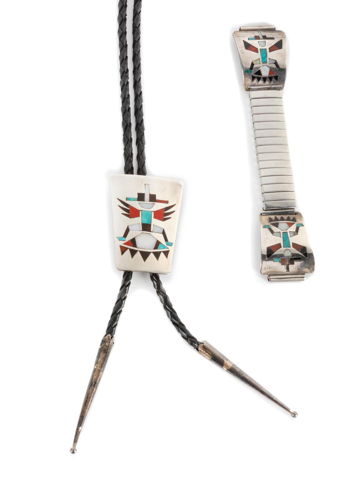 Zuni Mosaic Inlay Thunderbird Bolo and Watch Tips Height of bolo 1 3/4 inches