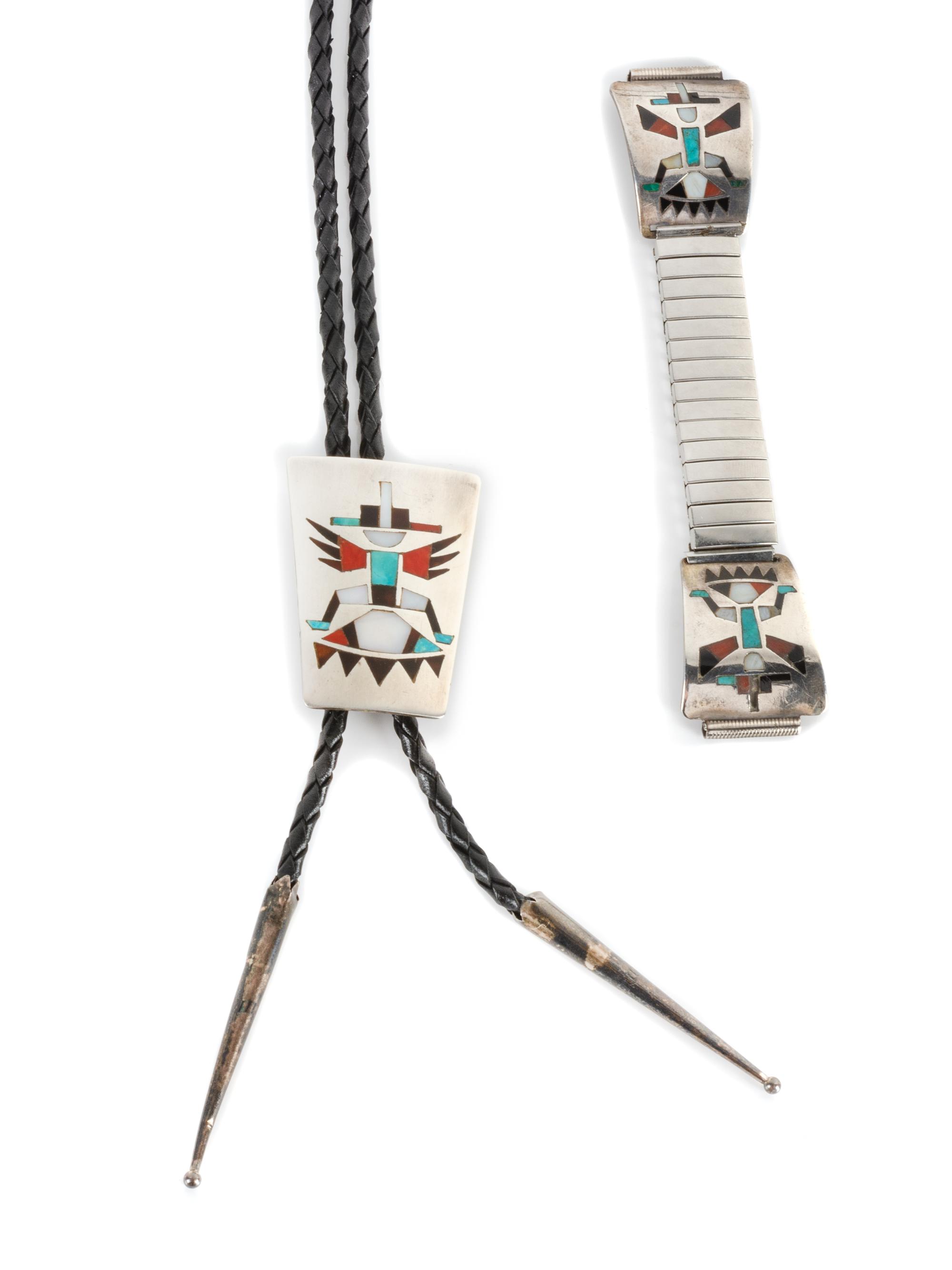 Zuni Mosaic Inlay Thunderbird Bolo and Watch Tips Height of bolo 1 3/4 inches