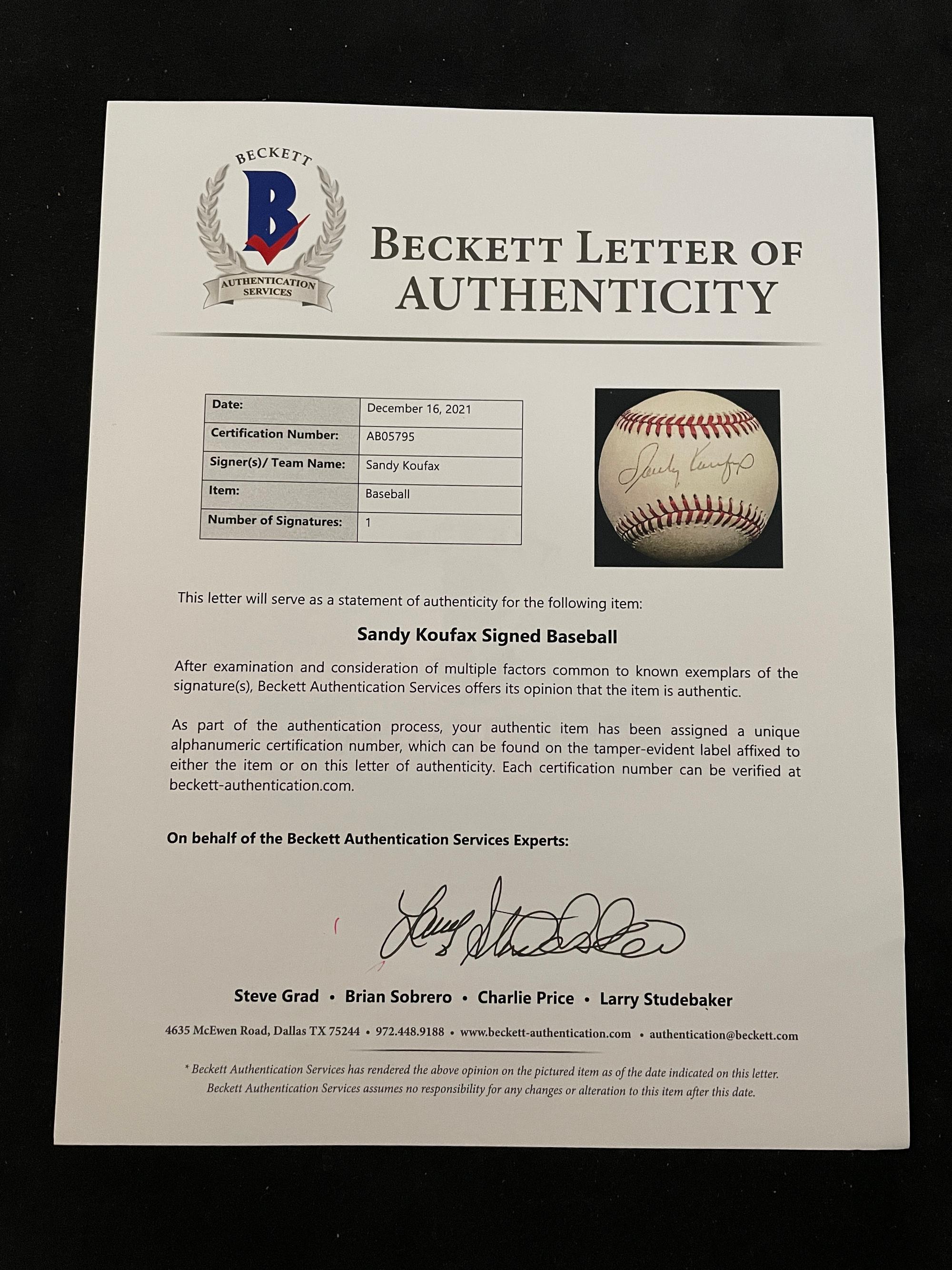 A Sandy Koufax Signed Autograph Baseball (Beckett Authentication Services Letter BAS Certified)