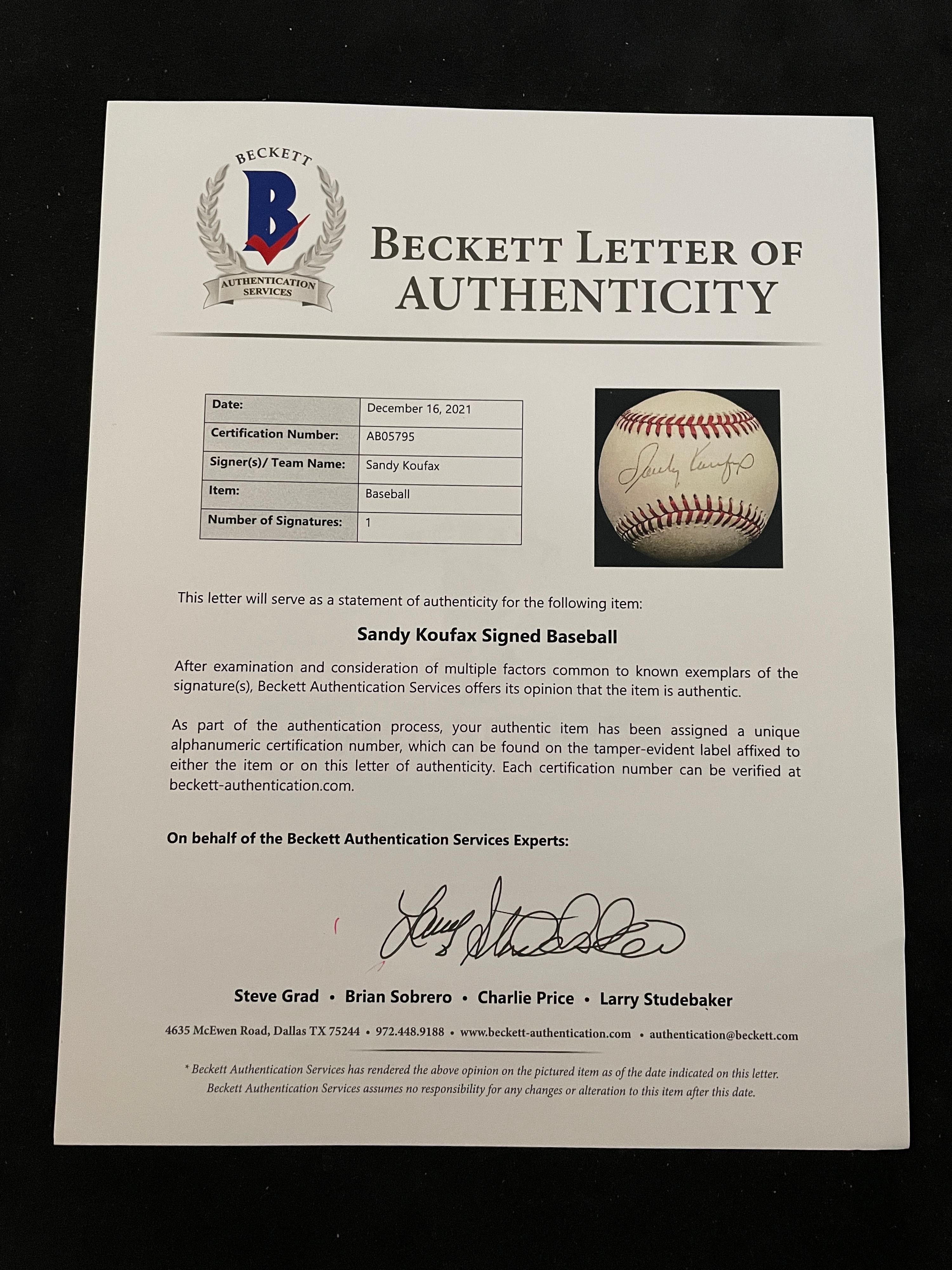A Sandy Koufax Signed Autograph Baseball (Beckett Authentication Services Letter BAS Certified)