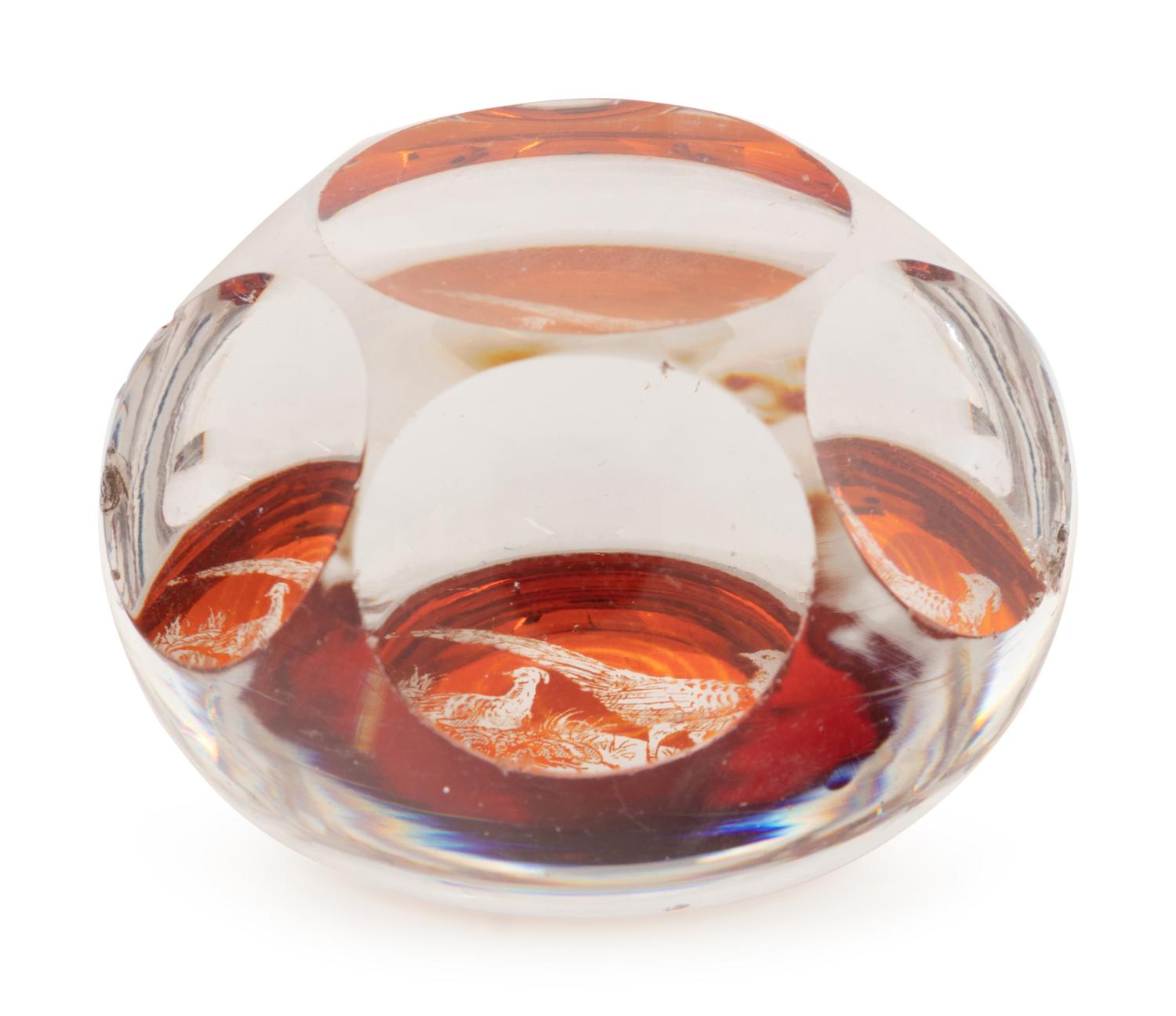 An Amber Stained Acid-Etched Pheasant Faceted Glass Paperweight