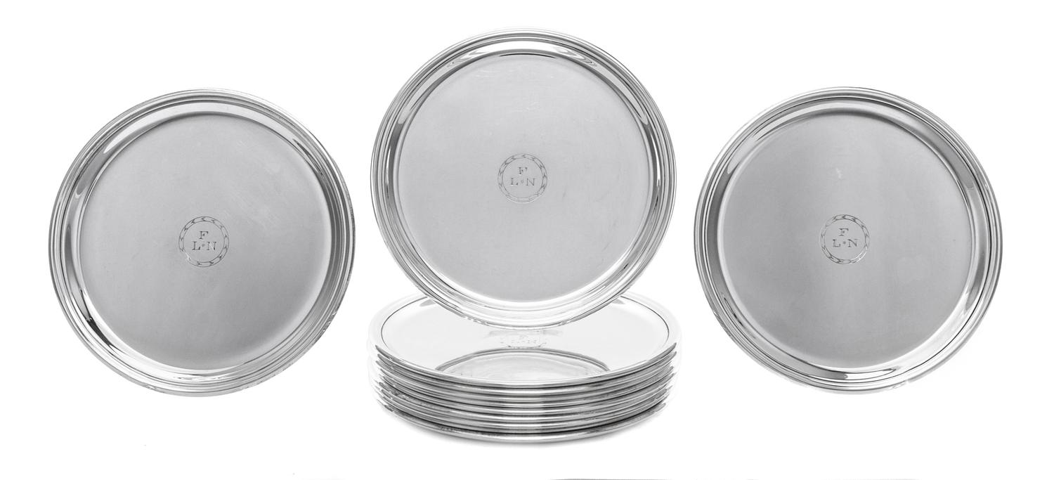 A Set of Twelve American Silver Bread Plates, Ensko, New York, NY, First half 20th century, each of circular form with a stepped border