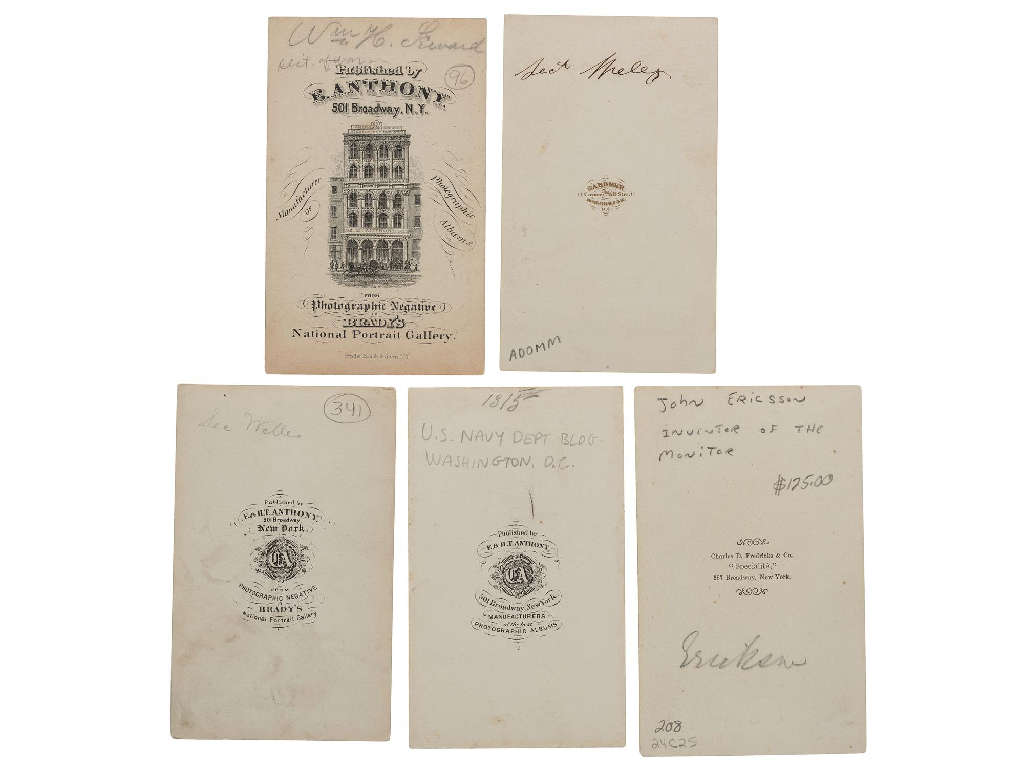 [CIVIL WAR]. A group of 5 CDVs, incl. Civil War personalities and outdoor view of the Navy Department building.