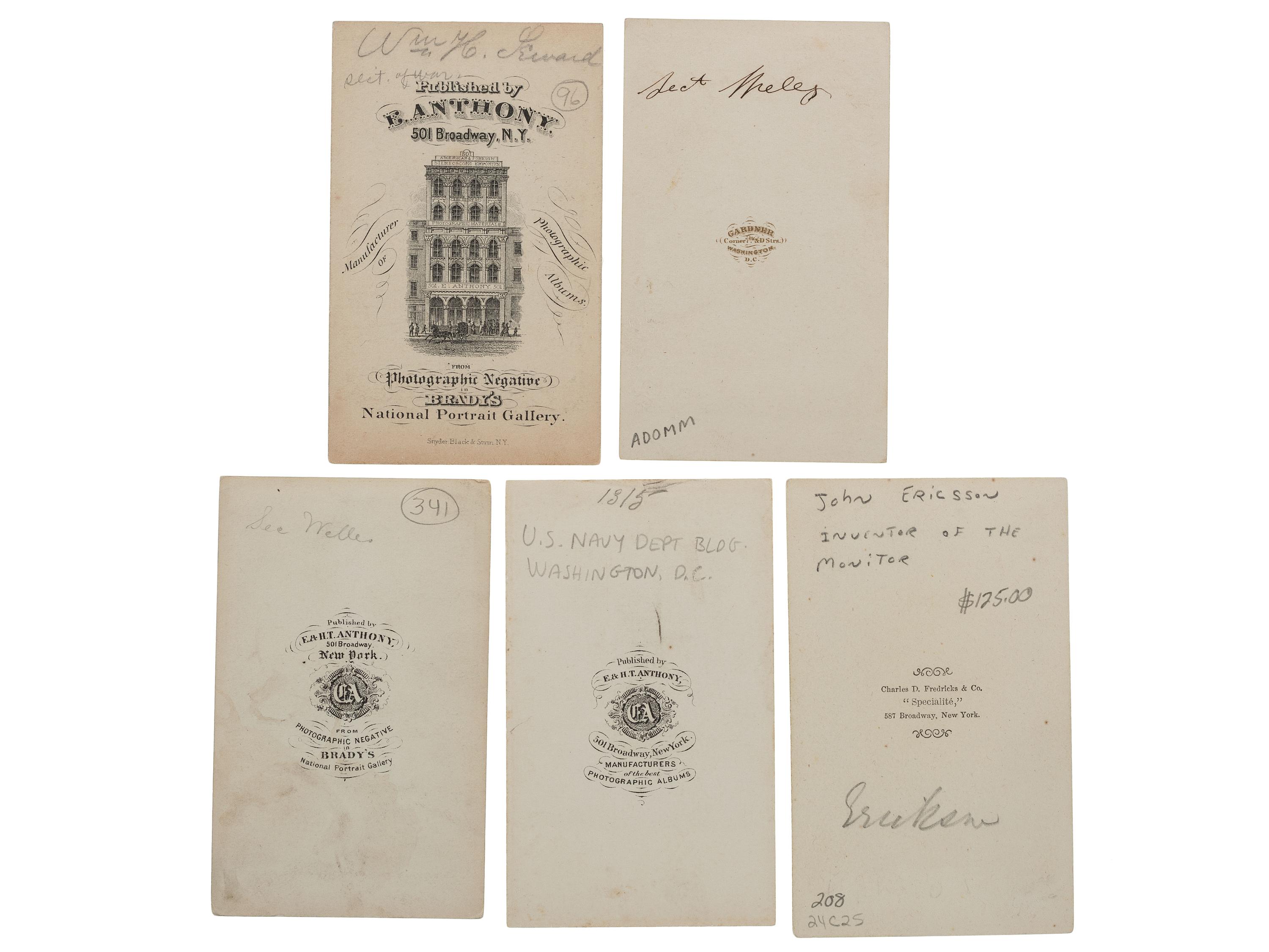 [CIVIL WAR]. A group of 5 CDVs, incl. Civil War personalities and outdoor view of the Navy Department building.