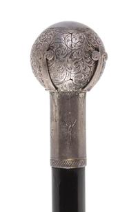 An English Silver-Plate Mounted and Ebonized Masonic Orb System Walking Stick