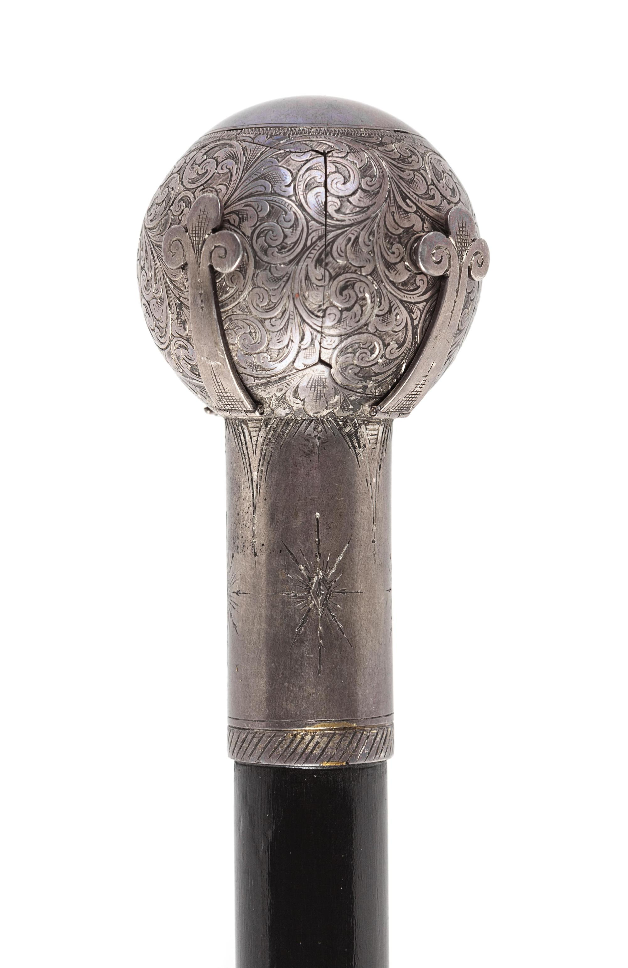 An English Silver-Plate Mounted and Ebonized Masonic Orb System Walking Stick