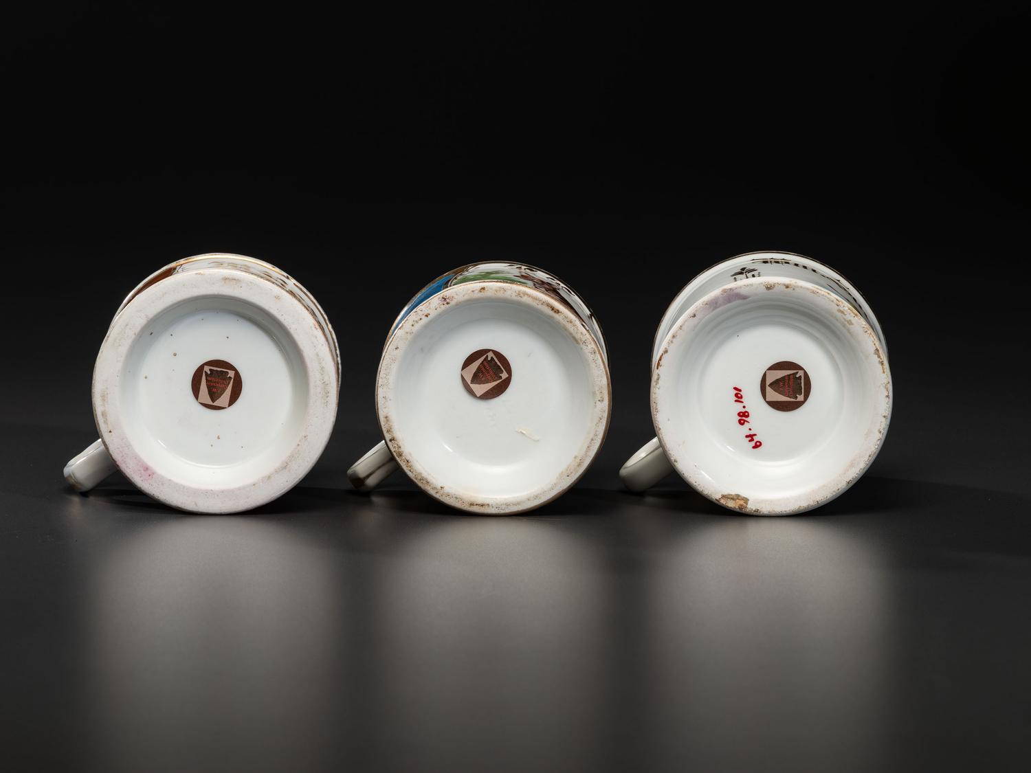 Three Porcelain Shaving Mugs with Animals
