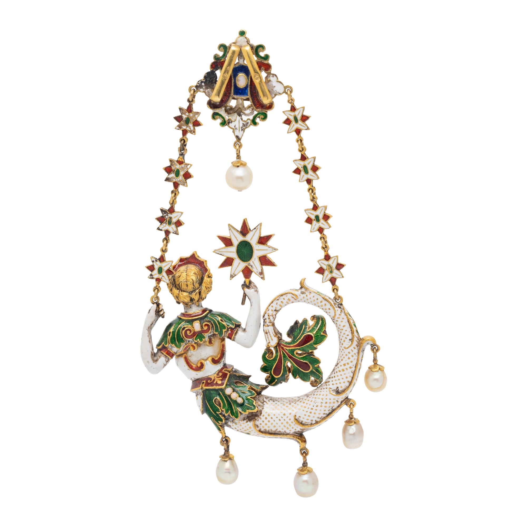 AUSTRO-HUNGARIAN, ANTIQUE, MULTIGEM AND POLYCHROME ENAMEL MERMAID PENDANT