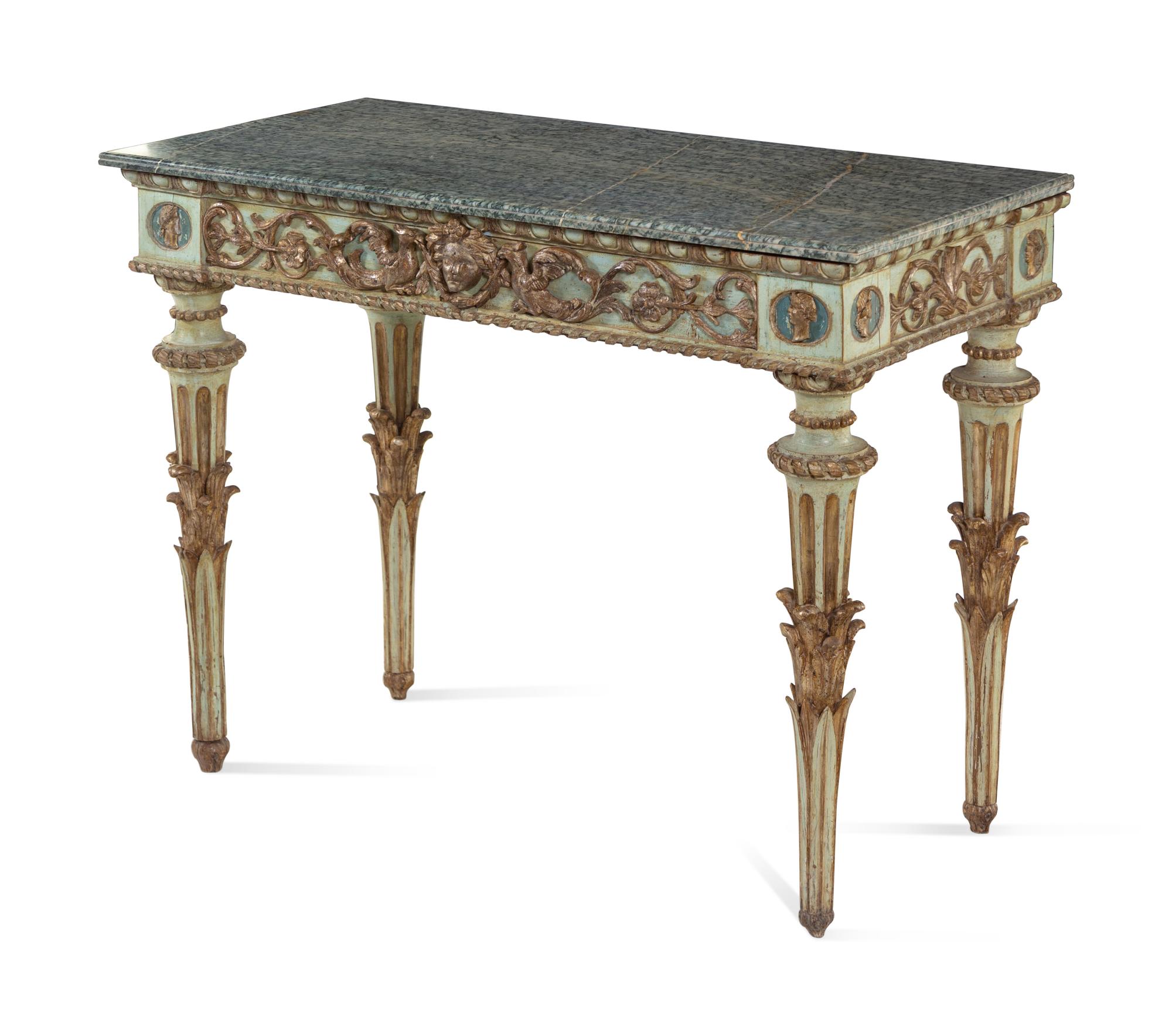An Italian Neoclassical Green-Painted and Parcel Gilt Marble-Top Console Table