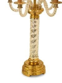 A Pair of Polished Brass and Pressed Glass Four-Light Table Lamps