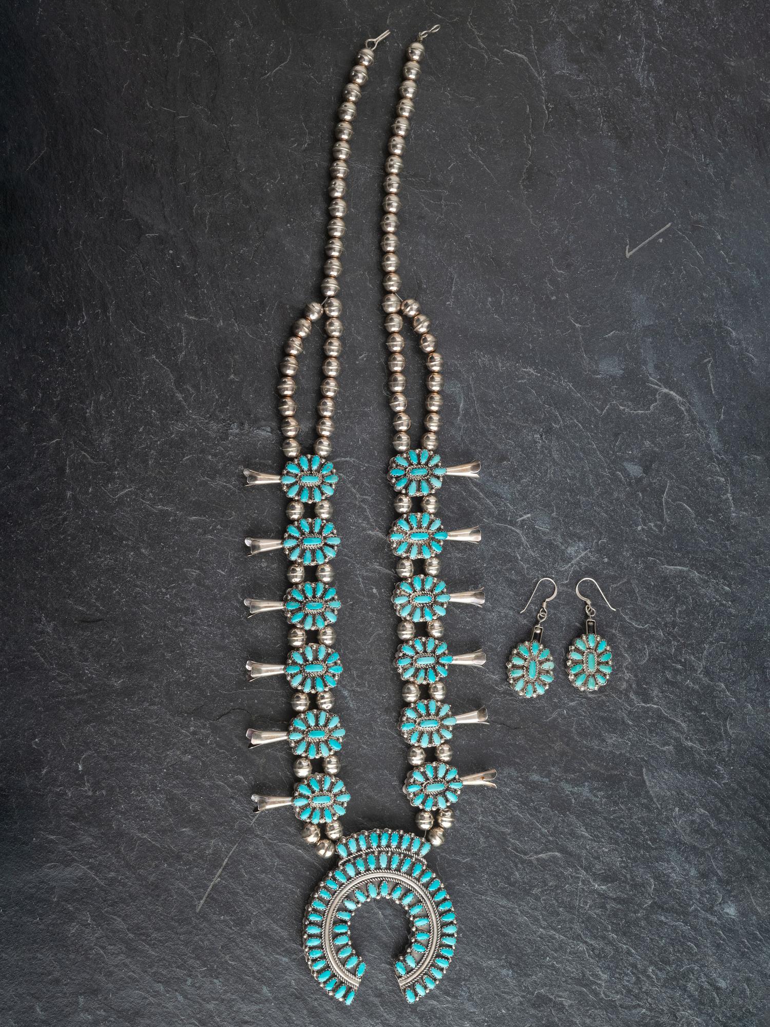 Navajo or Zuni Reversible Turquoise and Coral Squash Blossom Necklace and Earring Set