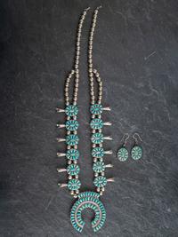 Navajo or Zuni Reversible Turquoise and Coral Squash Blossom Necklace and Earring Set
