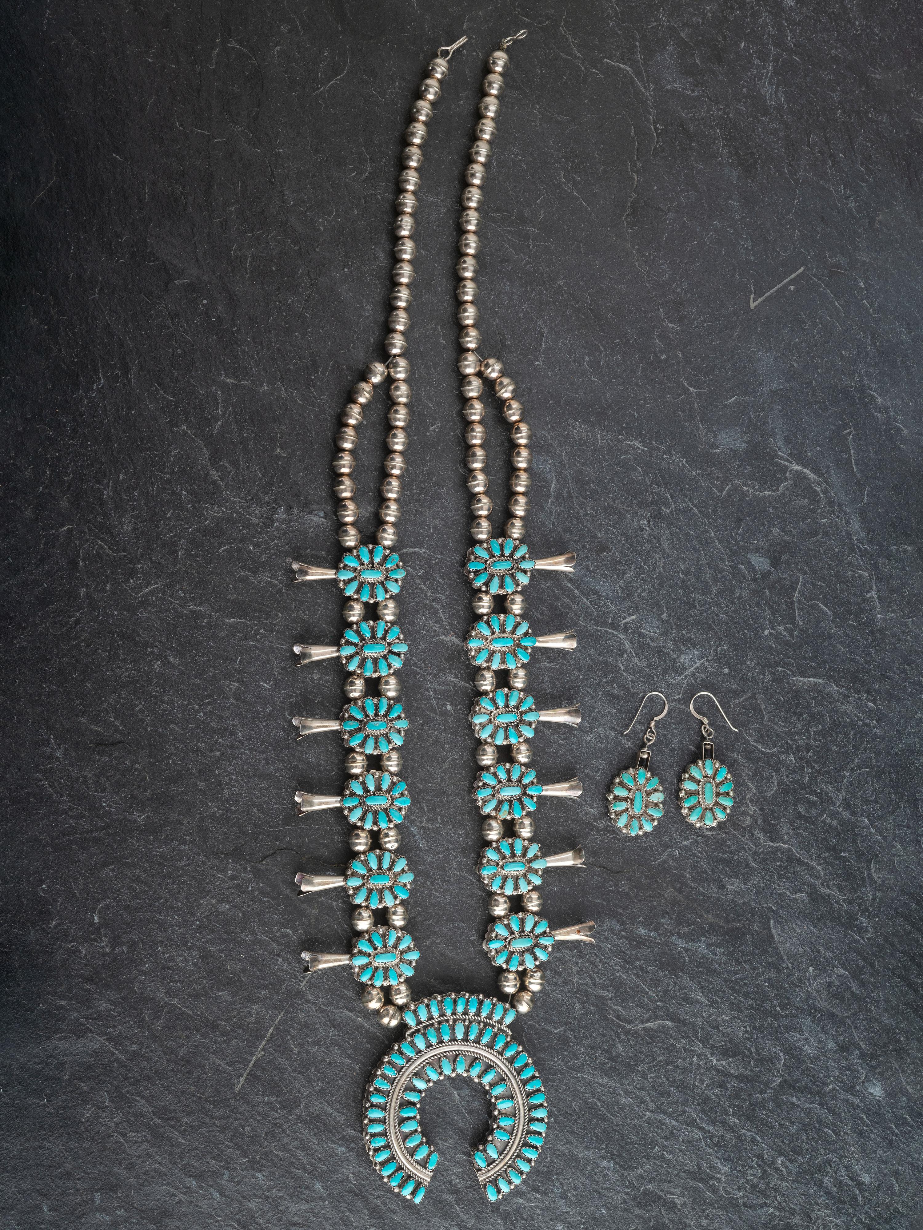 Navajo or Zuni Reversible Turquoise and Coral Squash Blossom Necklace and Earring Set