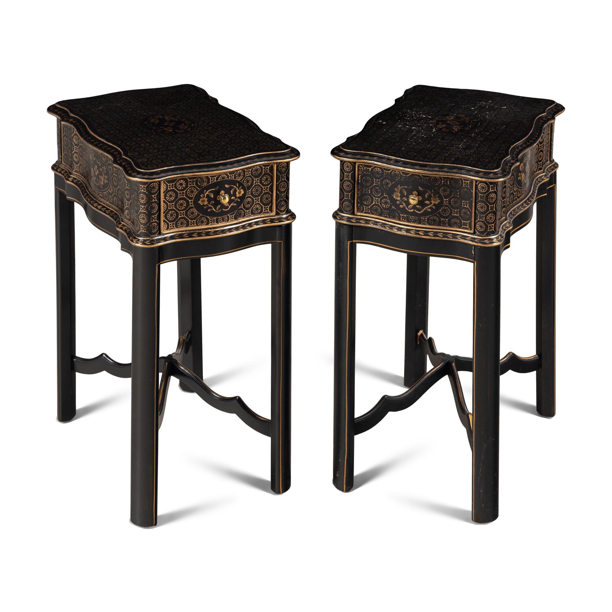 A Pair of Black and Gilt-Decorated Side Tables
