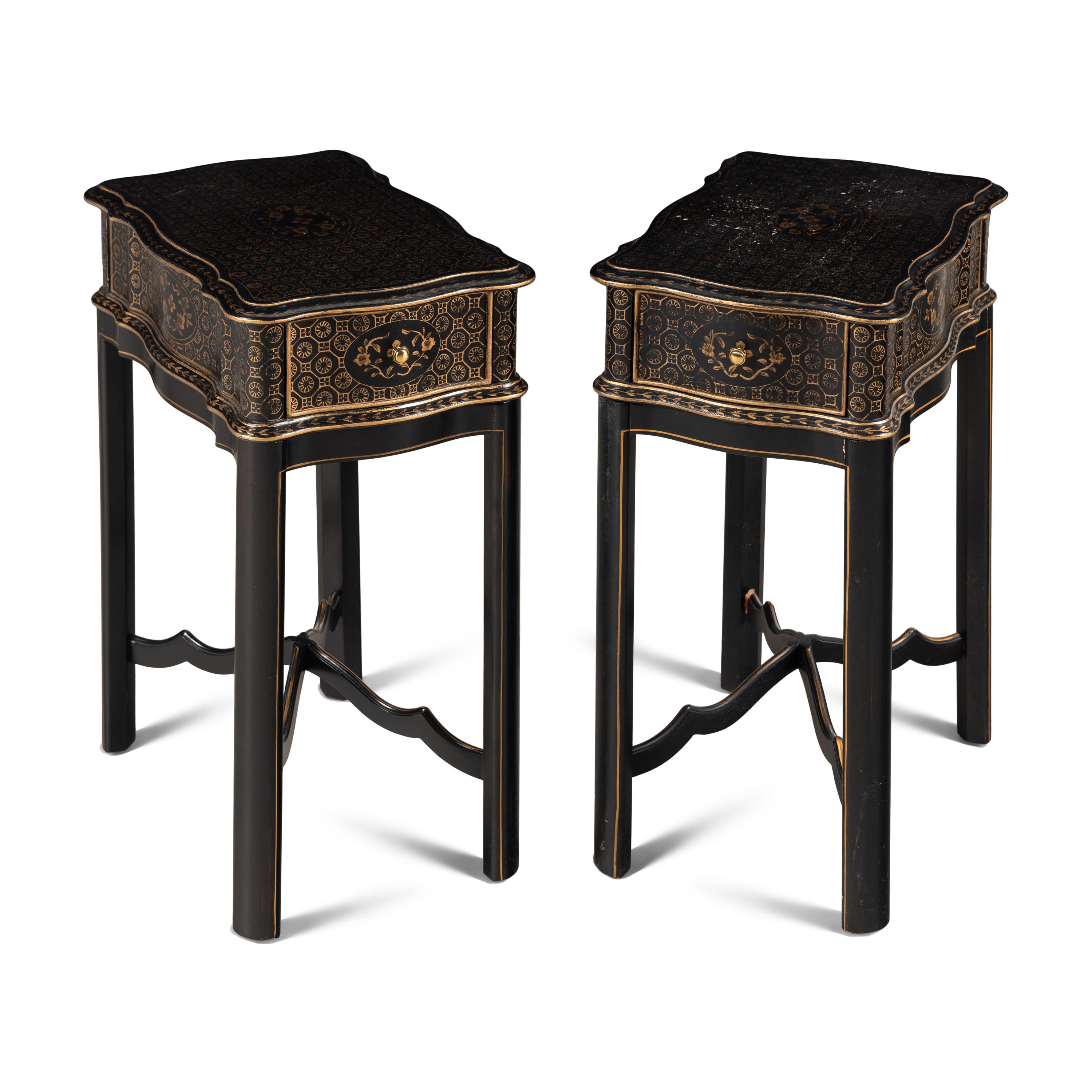 A Pair of Black and Gilt-Decorated Side Tables
