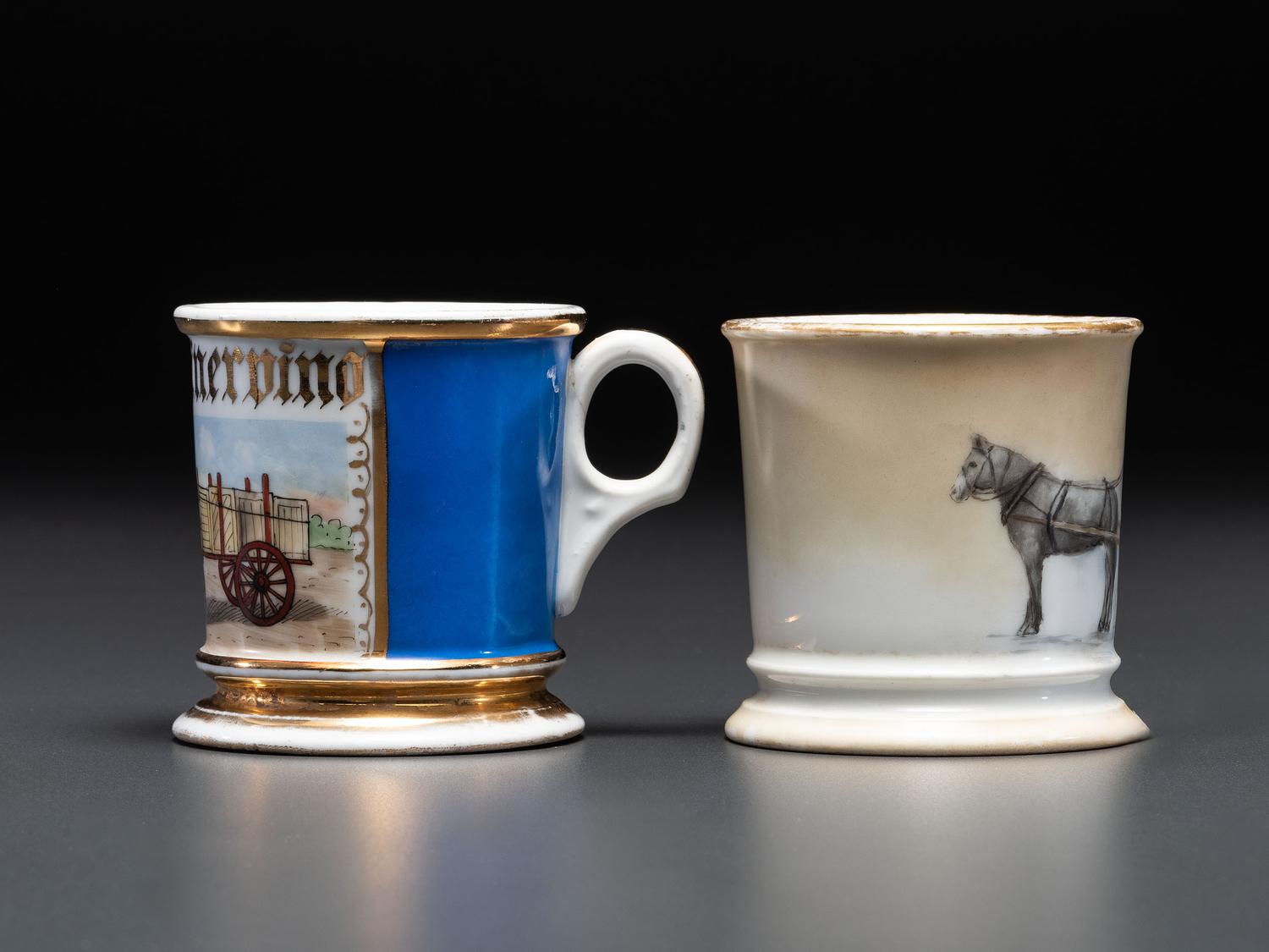 Two Horse-Drawn Delivery Wagon Porcelain Occupational Shaving Mugs